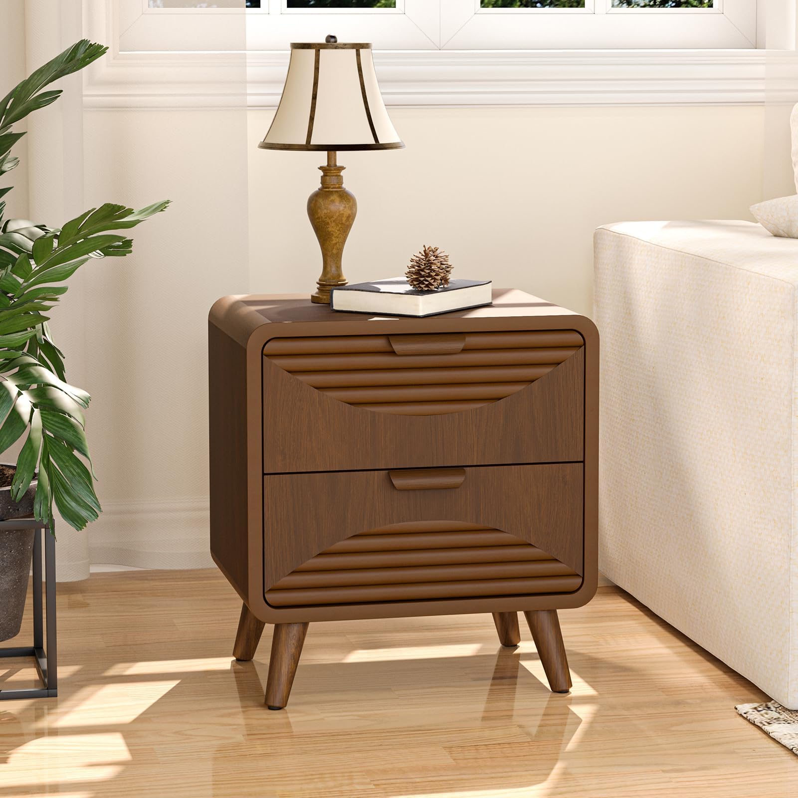 Modern Nightstand With Charging Station - 2 Drawers & Open Shelf, Mid Century Black Design