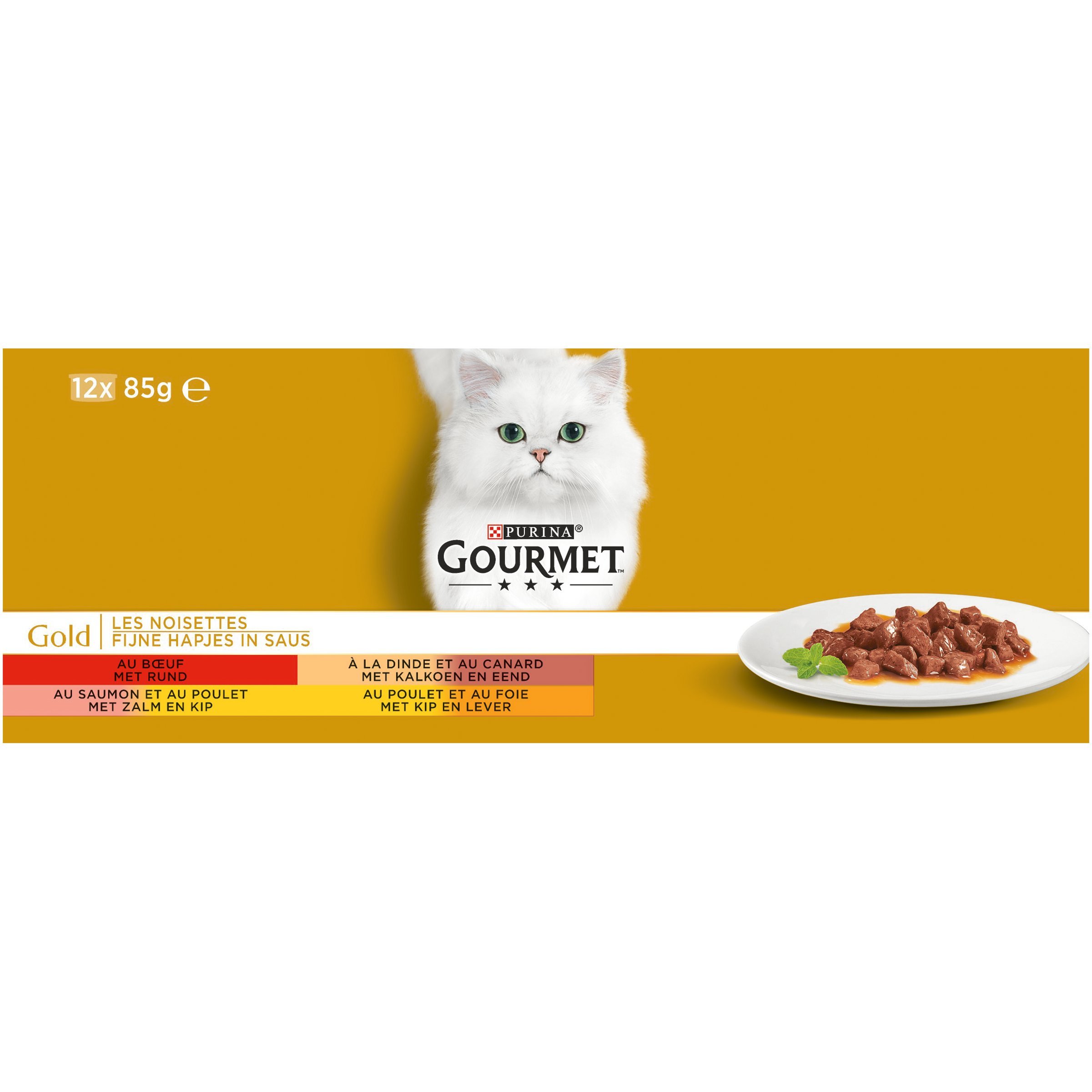 GOURMET GOLD, kot, orzechy laskowe, mielone w sosie, wołowina, kurczak i foka, indyk-kaczka, łosoś i kurczak, 12 x 85 g, zestaw 8 sztuk, pudełko