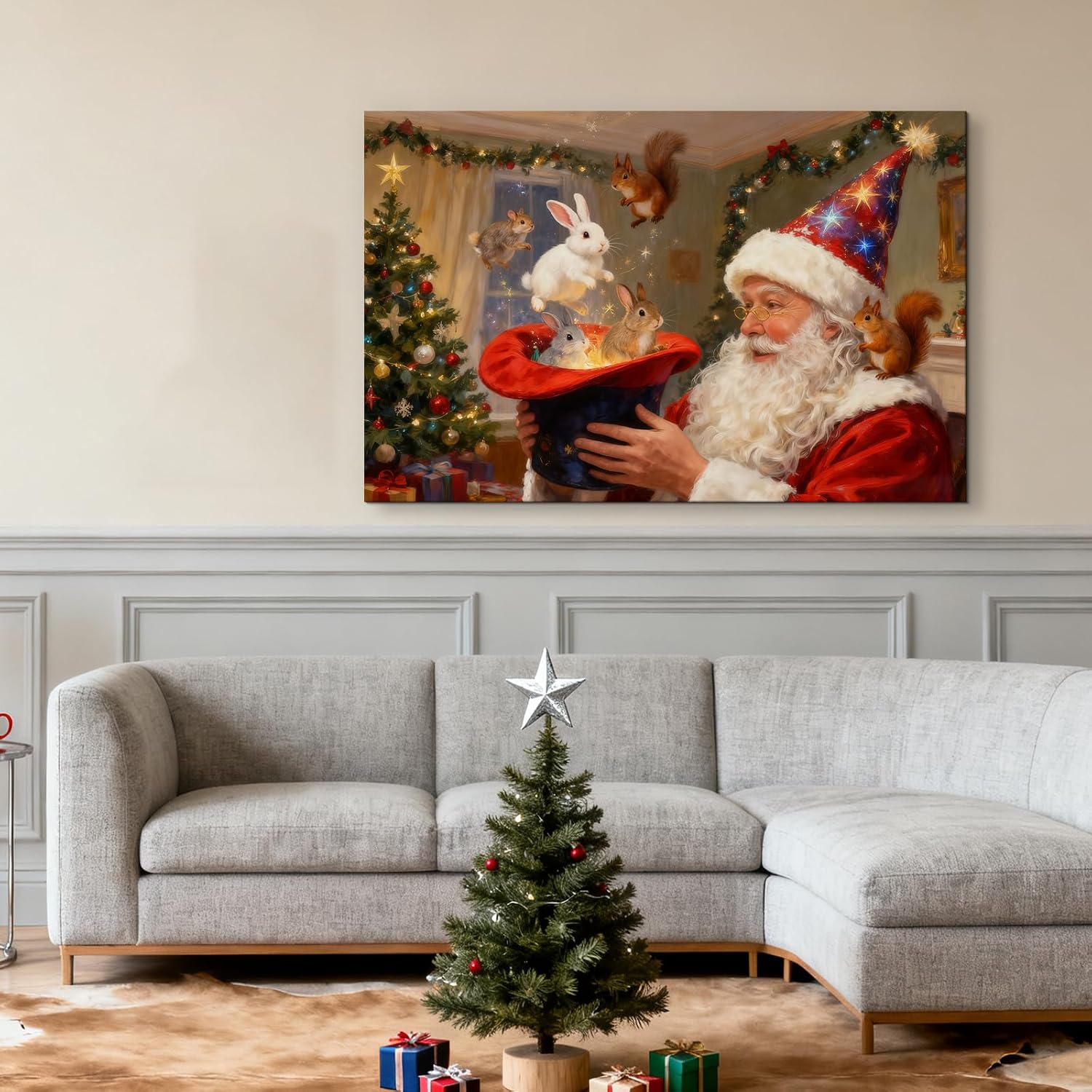Craftline Santa's Magic Hat Christmas Canvas Wall Art, Rustic Winter Bunnies Squirrels Pine Tree Pictures Wall Decor Country Nature Holiday Prints for Living Room Bedroom Farmhouse 12x16inch