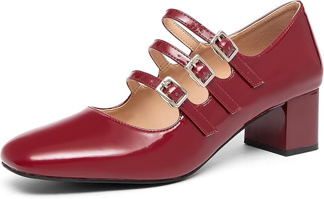 NEWBELLA Womens Patent Leather Mary Janes - Glossy Square Toe Pumps with Chunky Heel & Buckle Strap, Retro Dress Shoes for Work & Formal Events
