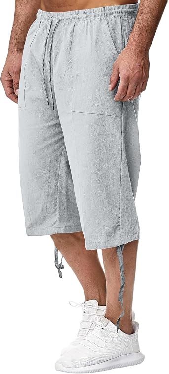 Mens Summer Linen Capri Pants Baggy Wide Leg Capris Pants Elastic Waist Oversized Lightweight Pocket Lounge Crop Pant