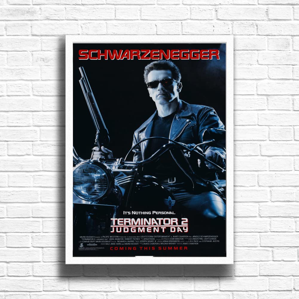 Terminator 2 Judgement Day, 90s Movie Print Vintage Nostalgic Film Poster, A4 and A3 Size Frame Options, Home, Pub, Bar Decoration Wall Art Print, House gift for movie lovers (A4 Framed (White))