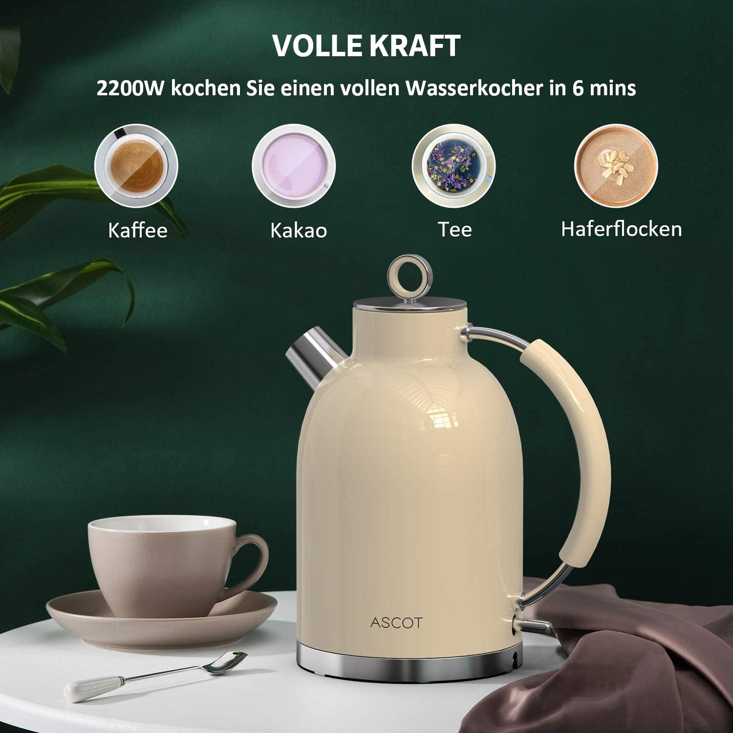 ASCOT Wasserkocher Edelstahl, Elektrischer Wasserkessel Geschenke für Männer/Frauen/Familie 1,5 liter Kabelloser Teekocher Trockengehschutz, Automatische Abschaltung (Creme)
