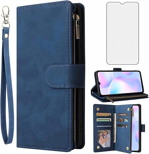 Asuwish Compatible con Xiaomi Redmi 9A Redme 9i - Funda tipo cartera y protector de pantalla de vidrio templado, funda de cuero con tapa para