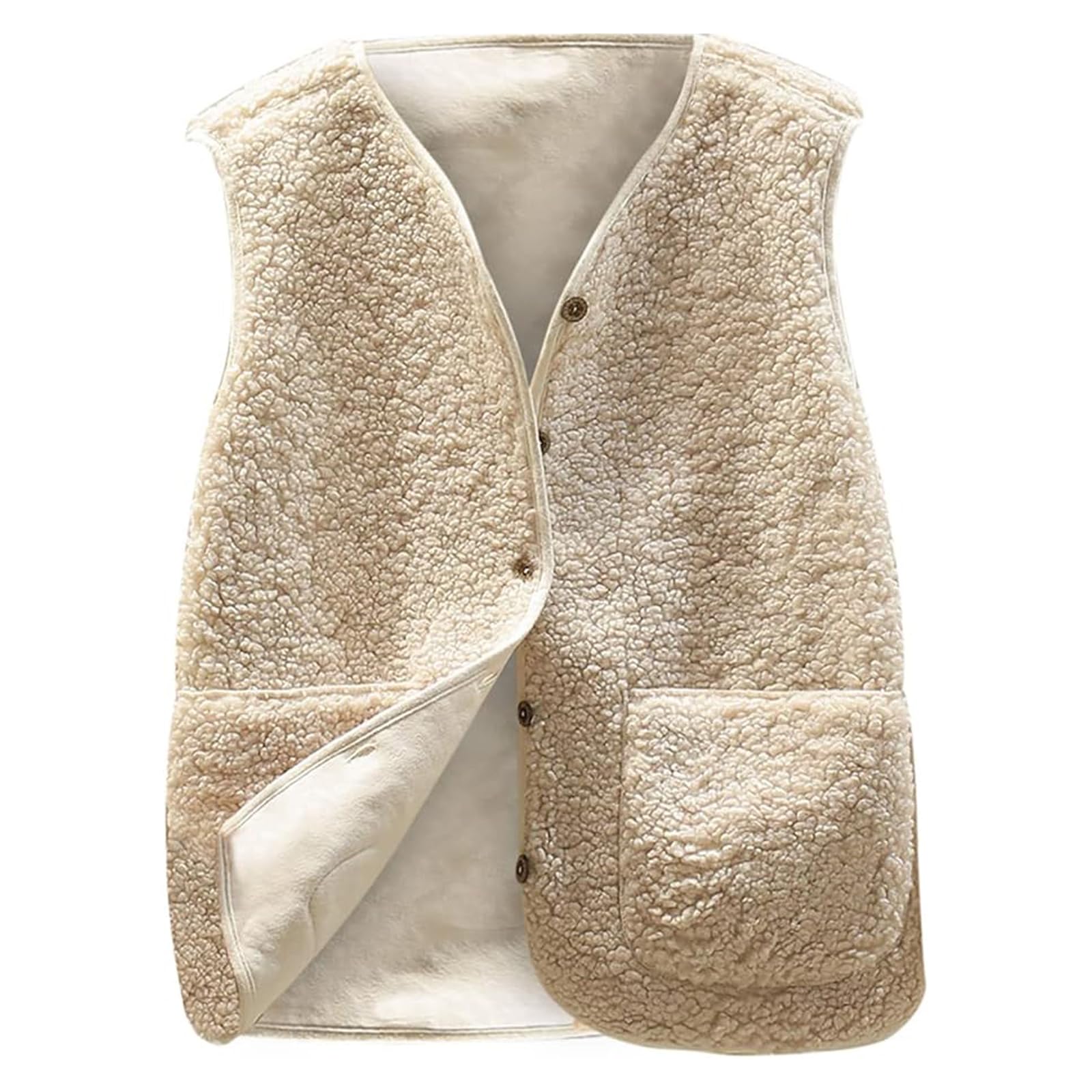 Vinuwu Chaleco de forro polar sin mangas para mujer, monocolor, cuello en V, botones, chaleco de peluche, chaleco corto de felpa para mujer