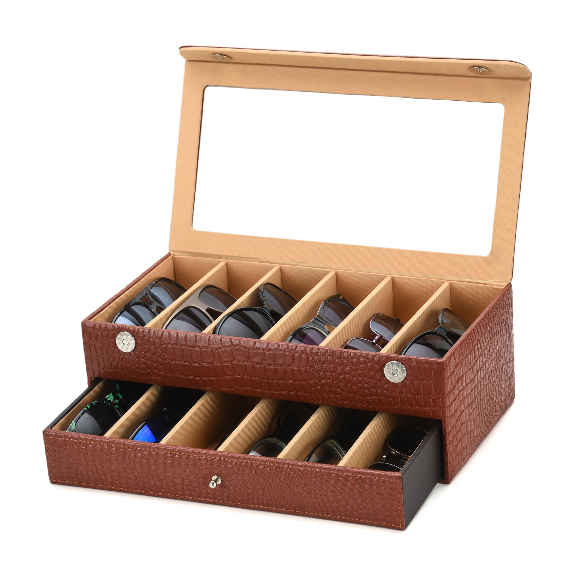 faux Leather Men Women Sunglasses Organize for Travel 12 Slot Travel Sunglasses Case Roll Organizer Classic in Brown-image-7