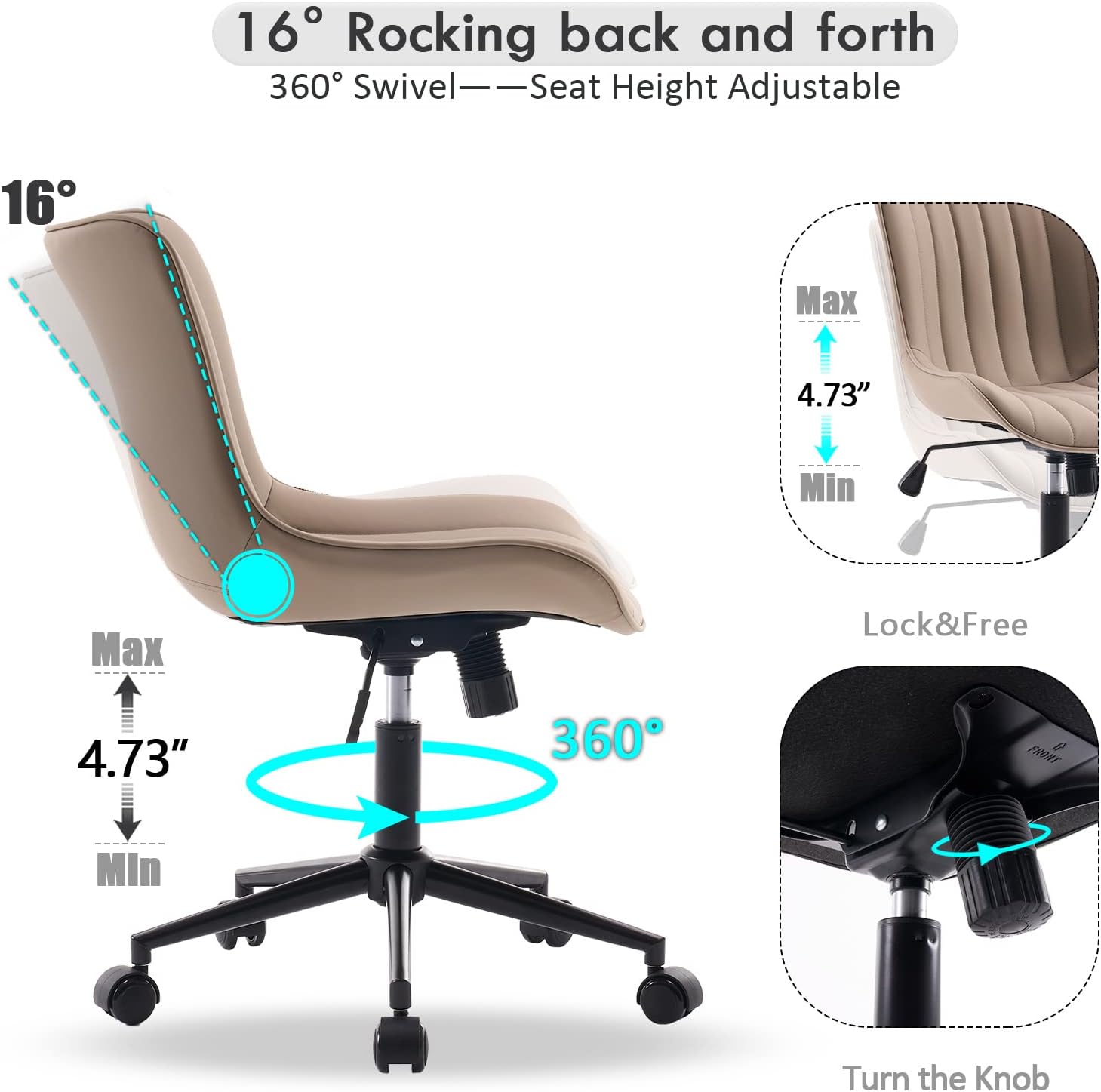 YOUNIKE Office Desk Chair with Wheels Armless Vanity Chair Modern Khaki image 3