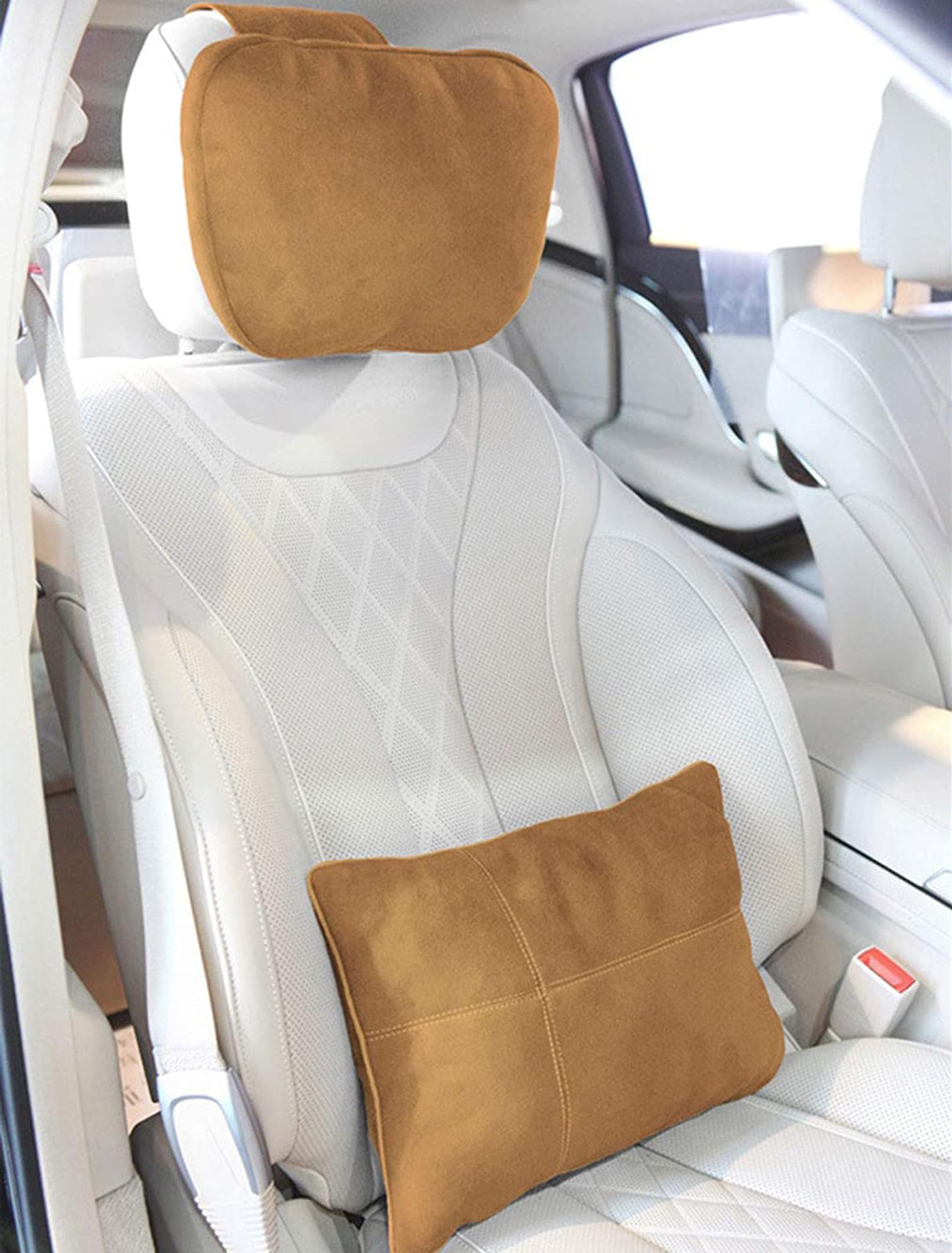 Kwak's zestaw poduszek na zagłówek, Maybach Design S klasa, super miękka poduszka na zagłówek samochodowy, podparcie lędźwiowe, poszewka ze sztucznego zamszu PP, bawełniana wypełniona poduszka (brązowa)