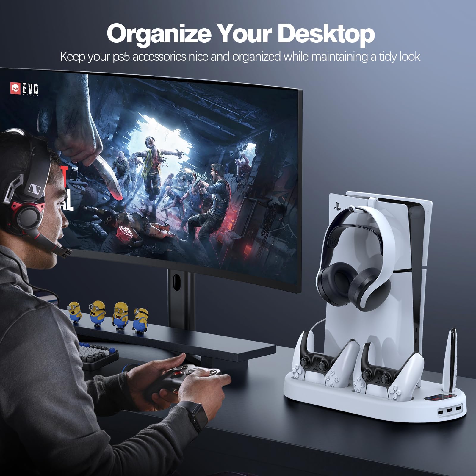 AMZDM Stacja chłodząca do PS5 Pro ze stacją ładującą do konsoli PlayStation 5 ze stacją dokującą i ładowarką PlayStation 5 Pro oraz dyskiem cienkim i cyfrowym, biała
