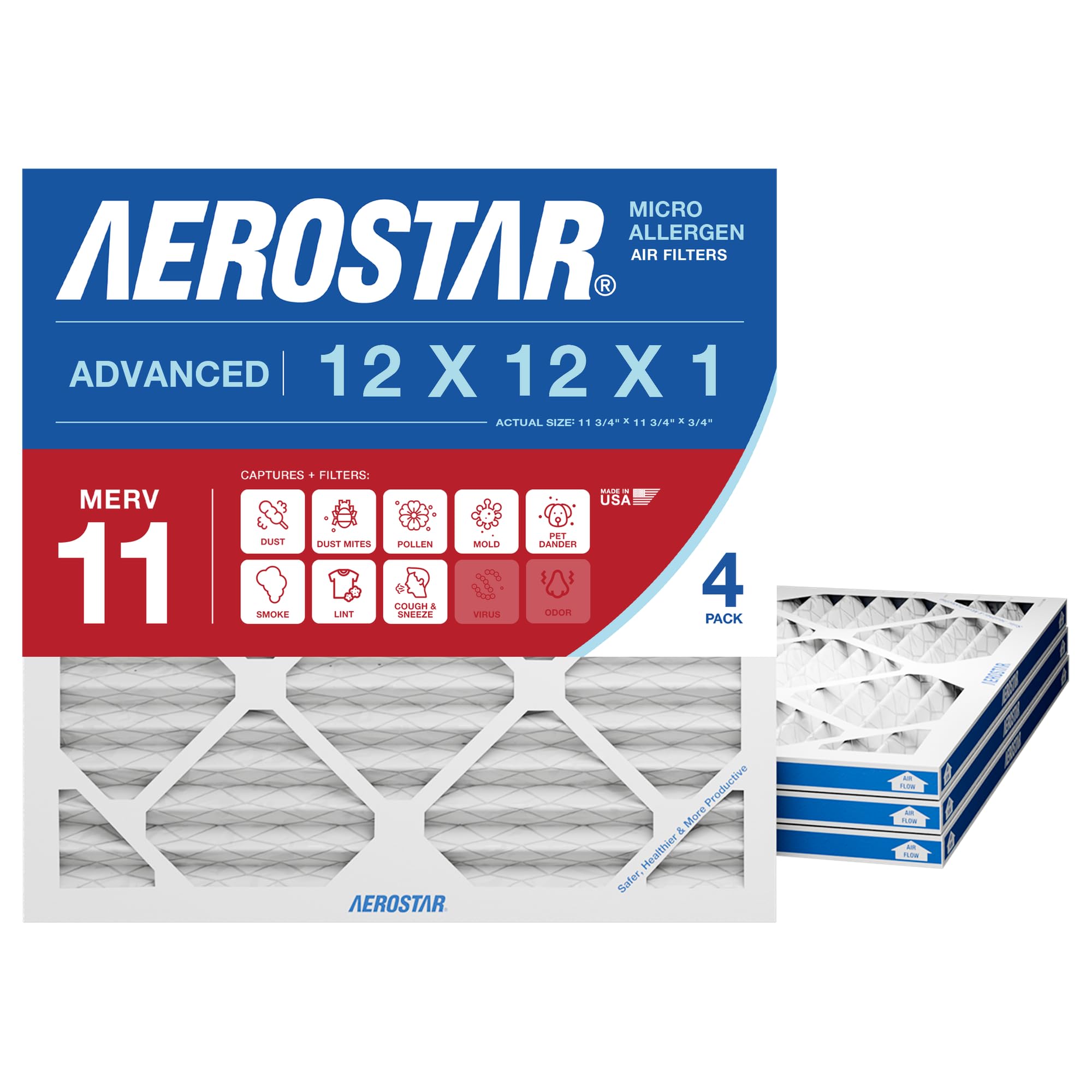 Aerostar MERV 11 - Filtro de aire plisado de 12 x 12 x 1 pulgadas, para caldera/aire acondicionado, paquete de 4, 4 unidades (paquete de 1)