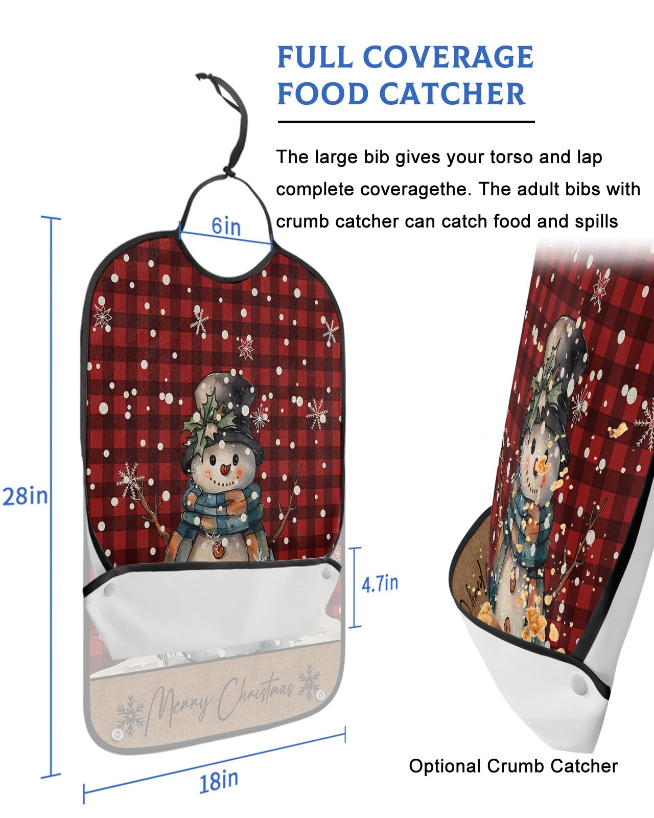 Christmas Snowman Adult Bibs for Eating, Waterproof Bibs with Food Catcher & Adjustable Snap Closure, Red Black Plaid Winter Snowflake Washable Clothing Protectors Adult Bibs for Elderly Women/Men