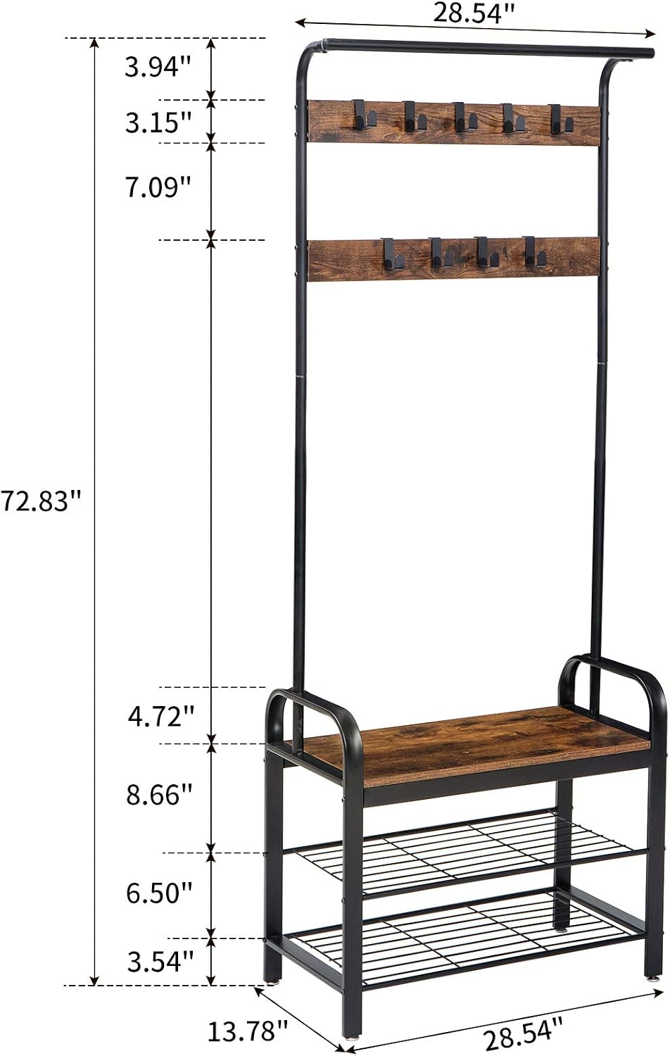 IBUYKE Coat Rack, Shoe Bench, Hall Tree with Storage Shelf for Entryway, Coat Rack Stand with Hanging Bar, 9 Metal Double Hooks, 3-in-1 Design, Industrial Accent Furniture with Steel Frame TMJ001H