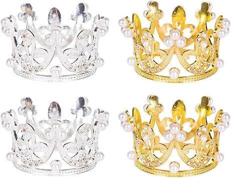 4 Pack Mini Crown Cake Topper Tiara Cupcakes Crystal Rhinestone Crown for Baby Shower عيد ميلاد الزفاف الأميرة عيد الميلاد موضوع الحفلات زينة الصور المولود الجديد ، الذهب والفضة