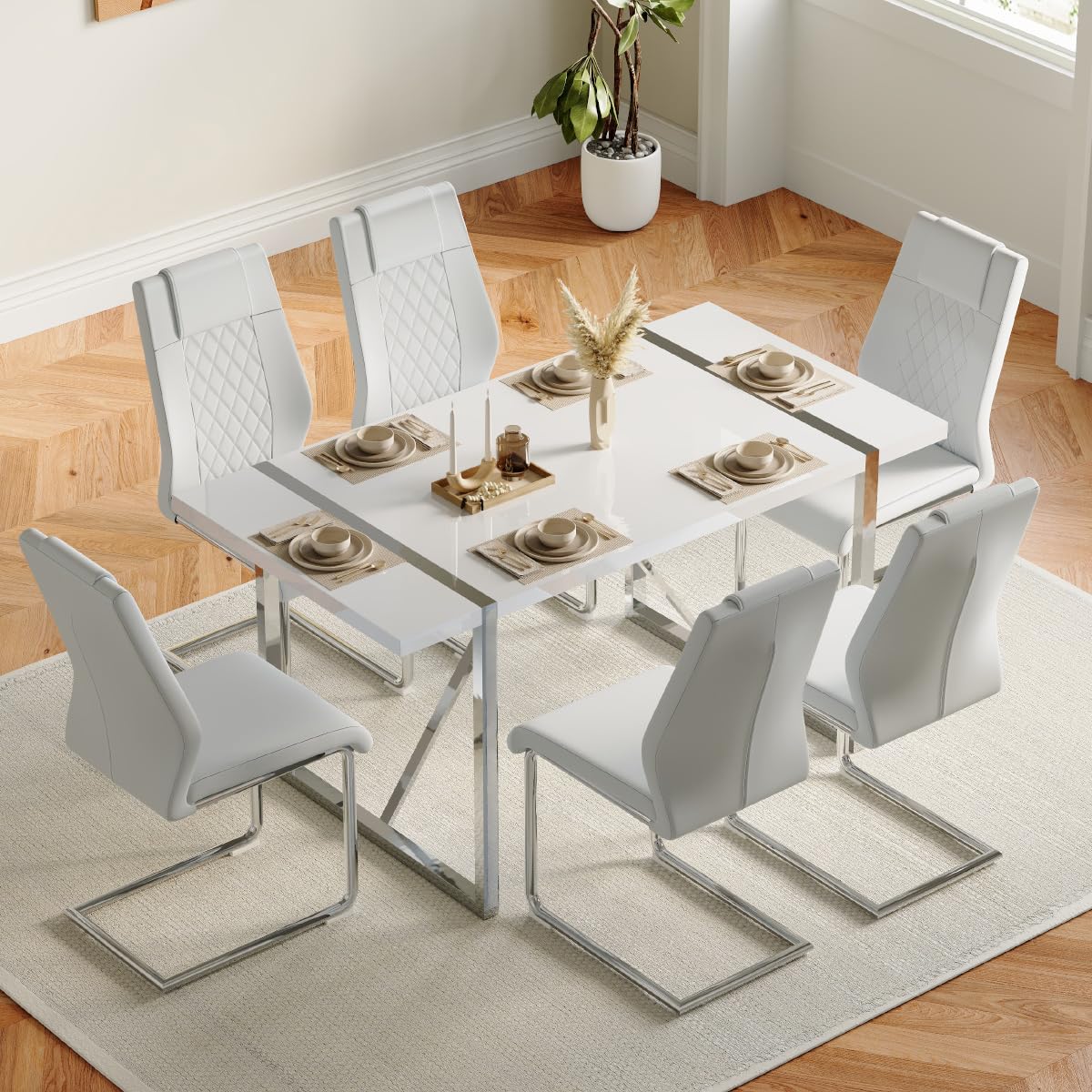 gopop Dining Table Set for 6, Kitchen Table Chairs Set of 6, 55" White High-Gloss Lacquered Tabletop & Electroplated Metal Frame, Modern Kitchen