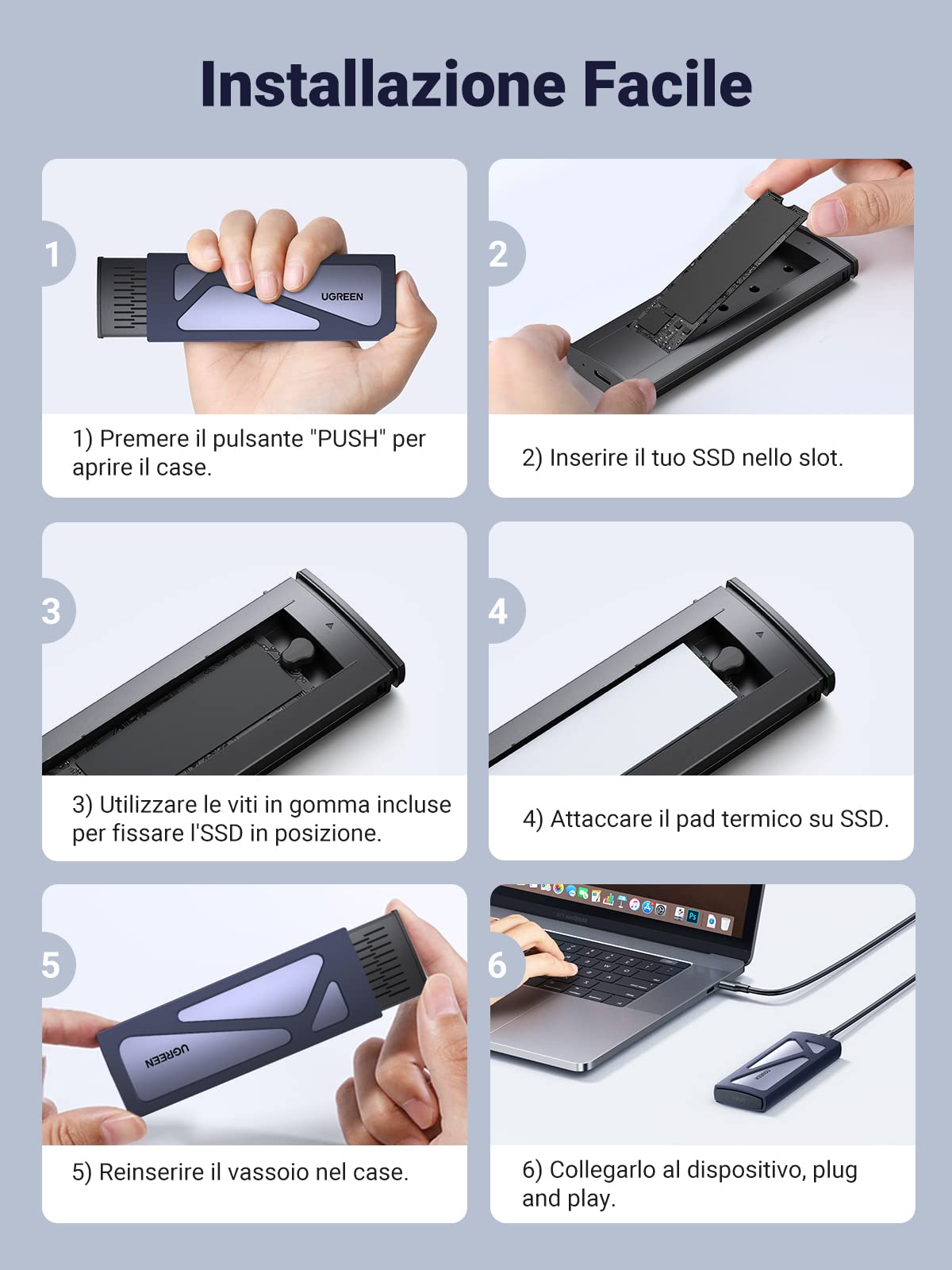 UGREEN Case SSD M.2 NVMe PCIe USB C 3.2 Gen 2 10Gbps UASP, Enclosure Esterno per Disco Rigido 2TB M/M&B Key 2230/2242/2260/2280 con Cavo Compatibile con 970 Evo Plus 980 PRO WD SN770 Kingston Blu