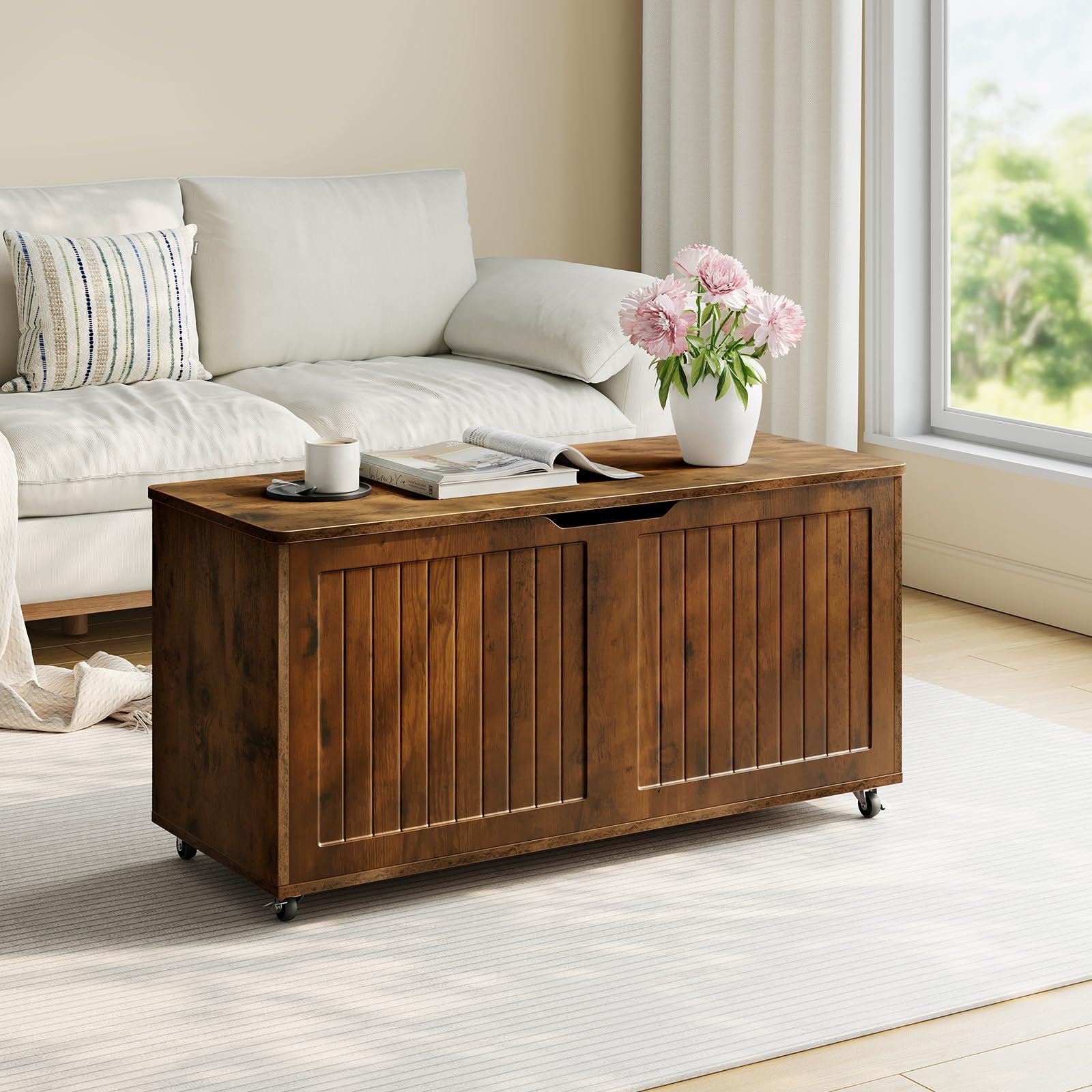 WOLTU Taburete Almacenaje con Ruedas, Baúl Puff Almacenamiento, Otomano Reposapiés Rectangular 100x40x50,5 cm, para Salón, Dormitorio y Entrada, Marrón Rústico