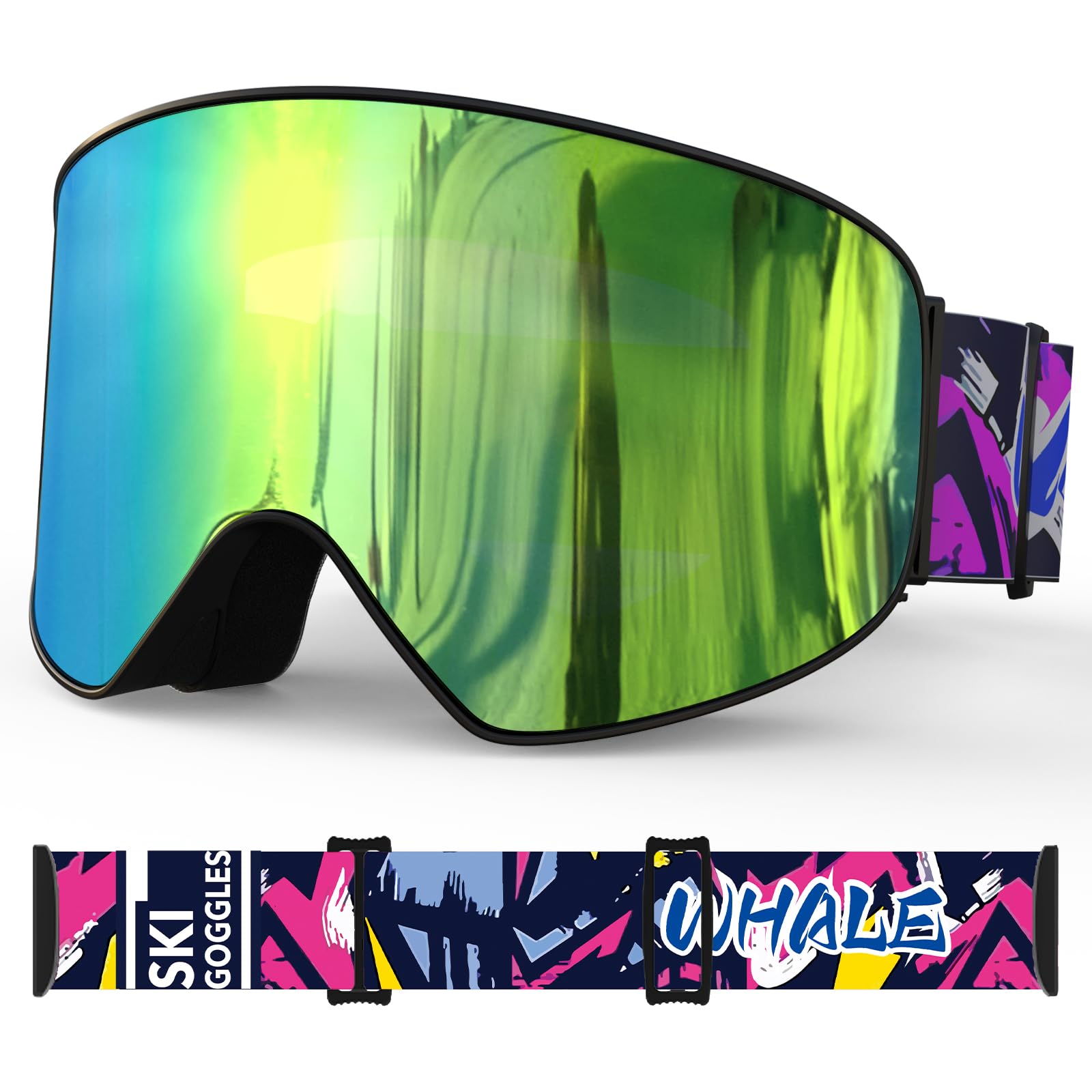Whale Lunettes de ski OTG anti-buée sans monture pour homme, femme et jeune – Protection UV à 100 %