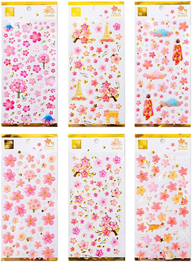 Kinteshun Sakura Scrapbooking Stickers,Japanese Style Self-adhensive DIY Decorative Cherry Blossoms 3D Epoxy Paster Decals Sticker for Scrapbooking or Card Making (6pcs with Different Patterns)