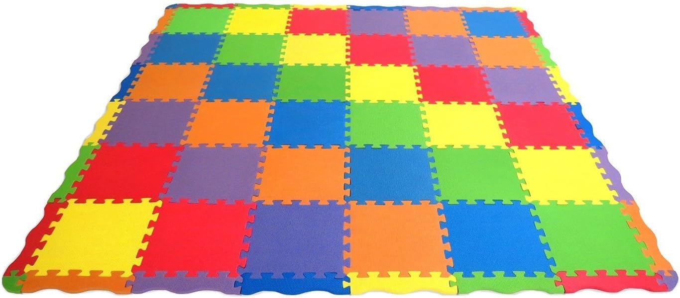 Edushape Edu-tiles 36 Piece Solid Play Mats: Each Tile Measures 12" X 12" + 24 Edges & 4 Corners; Total 64 Pieces!