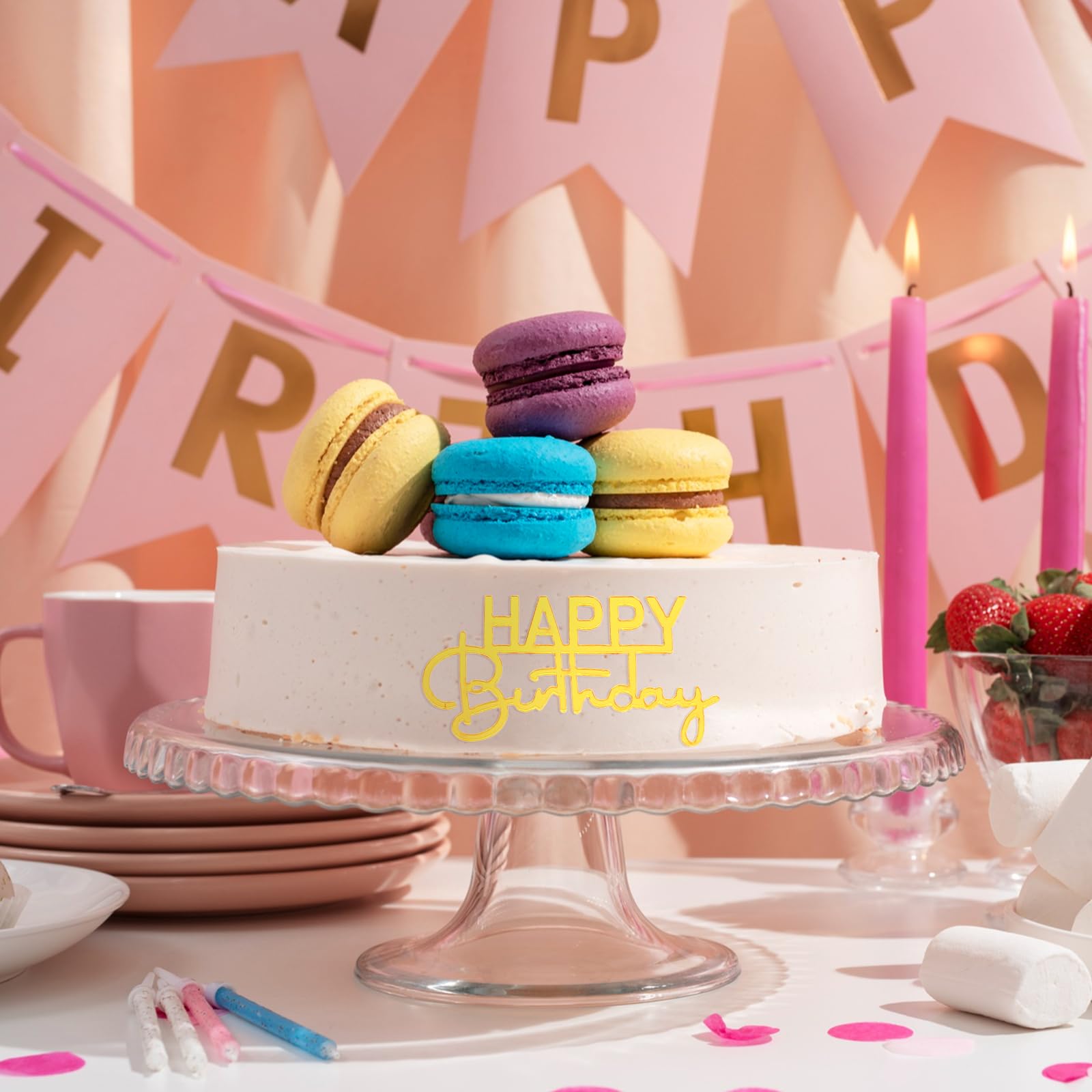 Kit 24 Toppers Para Cupcake Aniversário - Acrílico Espelhado Dourado/Prata/Rosa