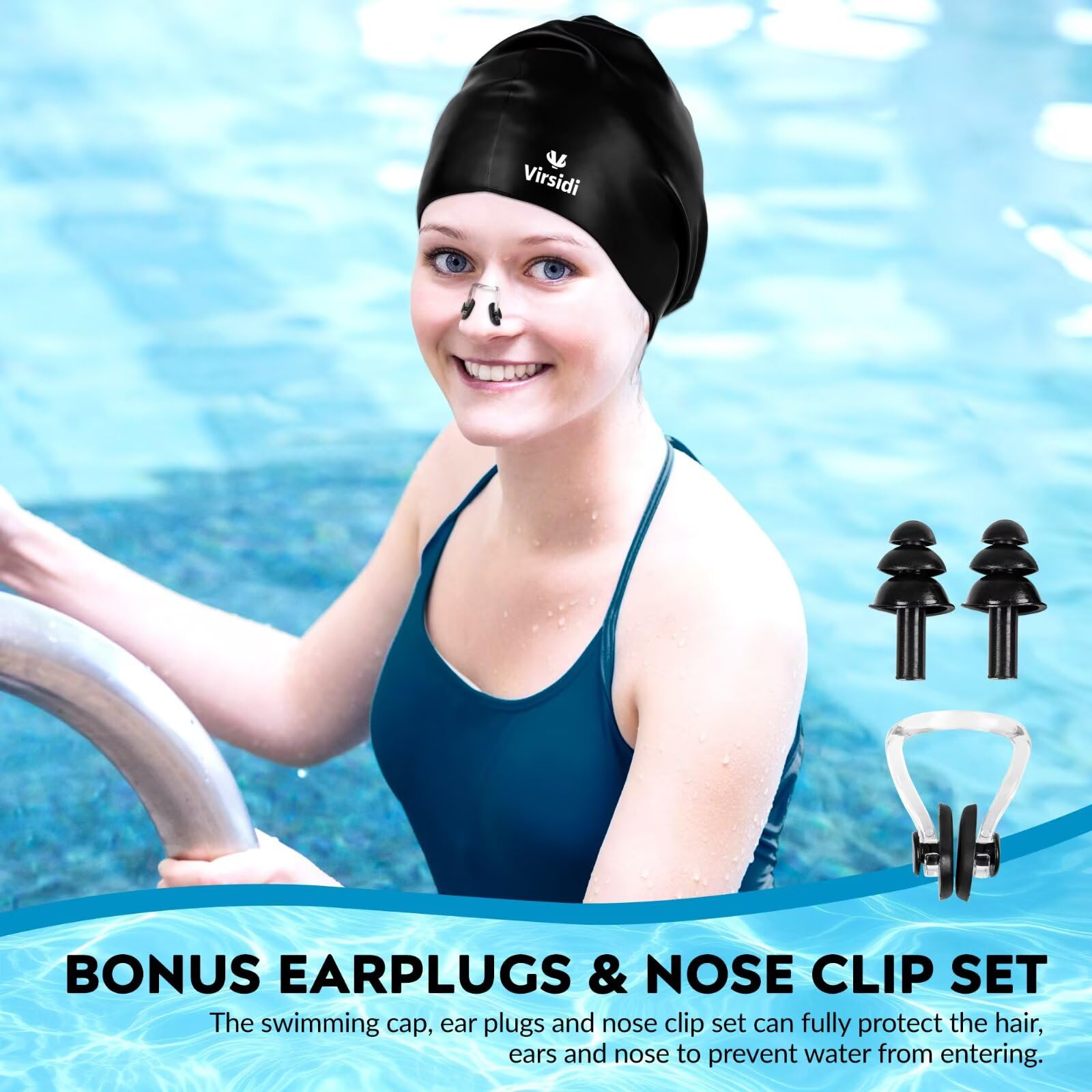 Paquete de 2 gorros de natación grandes para cabello largo, gorro de natación de silicona para adultos, mujeres y hombres, gorros de natación impermeables para mantener el cabello seco con clip de