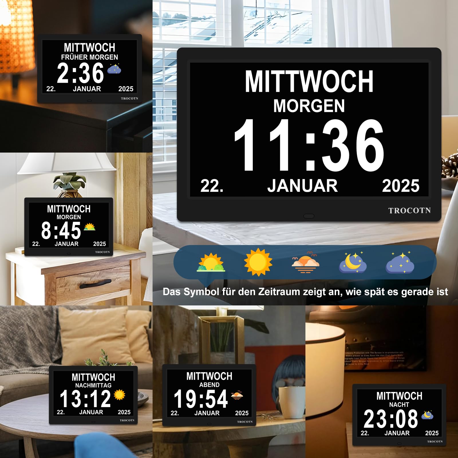 TROCOTN Demenz Uhr Senioren Digitale Uhr Tagesuhr Großes Display Wecker Wanduhr (Schwarz,10 Zoll)