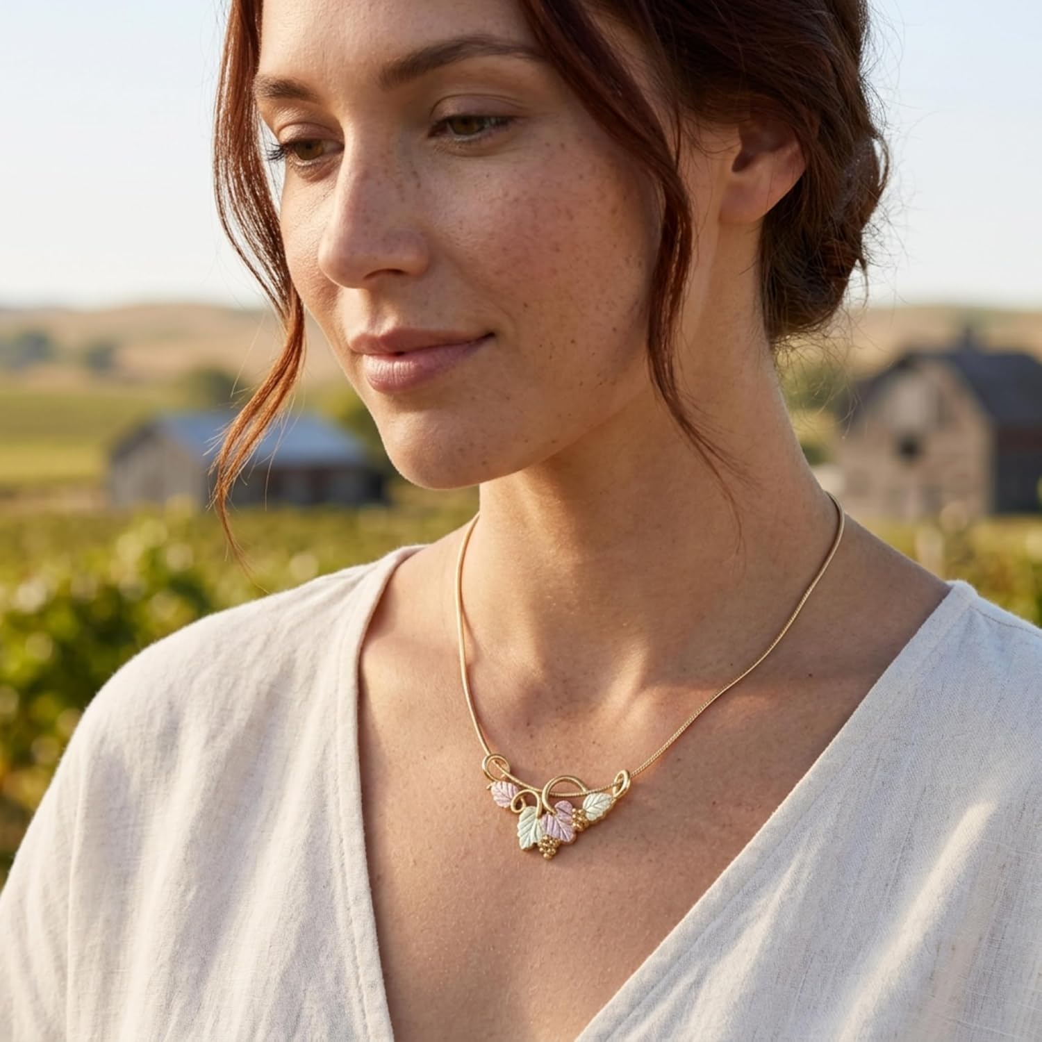 Black Hills Gold Vine Necklace 10k Yellow Gold 12k Green & Rose Gold Grapes Leaves 18" Snake Chain Tri-Color Women’s Jewelry Gift
