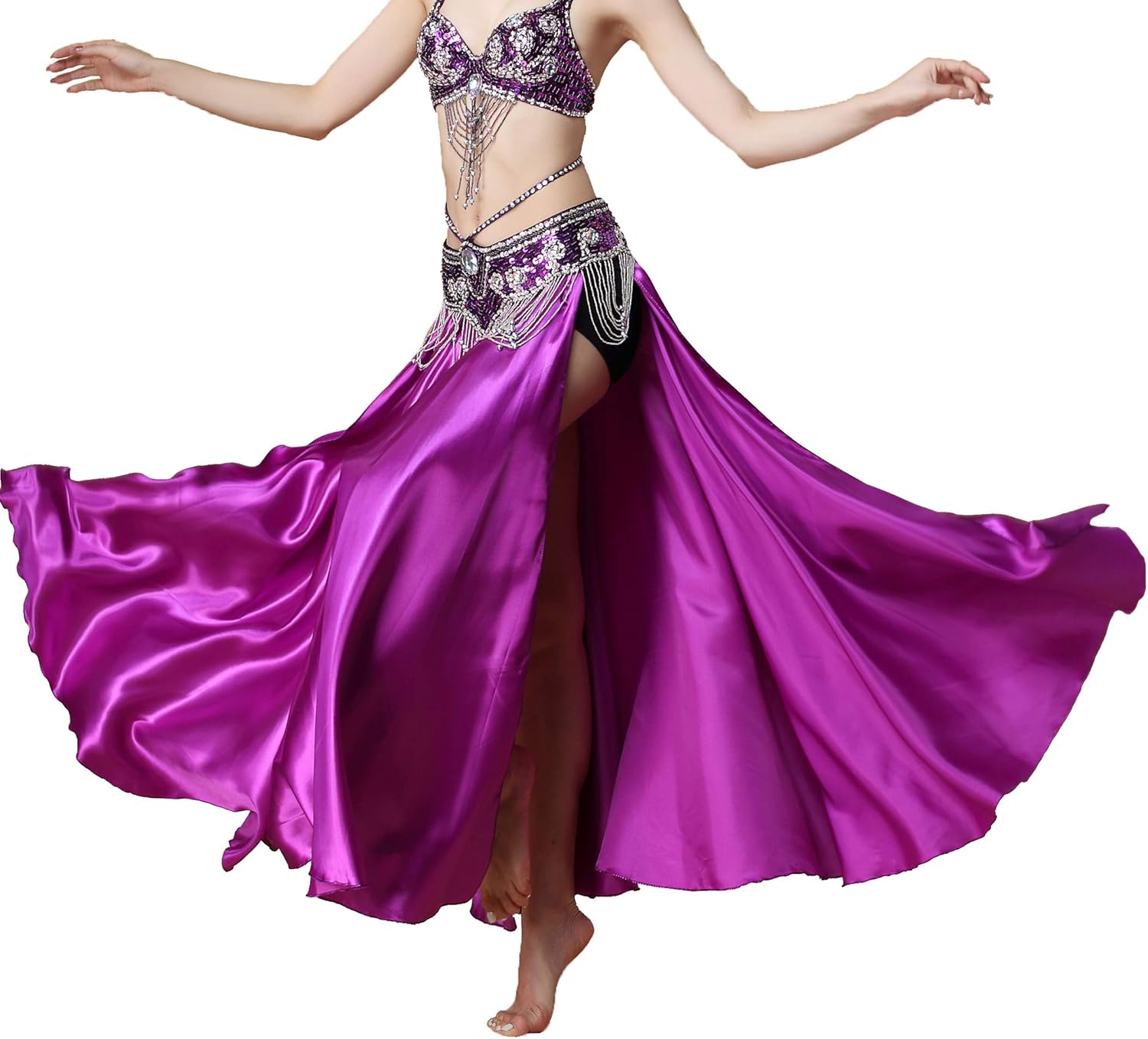 MUNAFIE Belly Dance Skirt Satin Split Side Long Skirts for Women