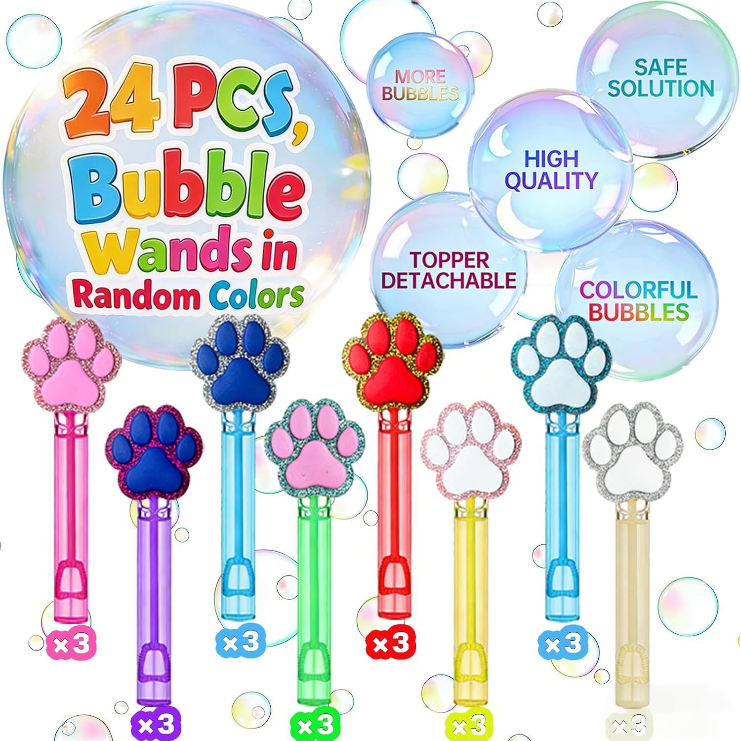 24 Pcs Glitter Paw Print Bubble Wands, Dog Party Favor Bag Fillers | Paw print bubble wands with glitter toppers for dog party favors, goodie bag fillers and pinata stuffers.