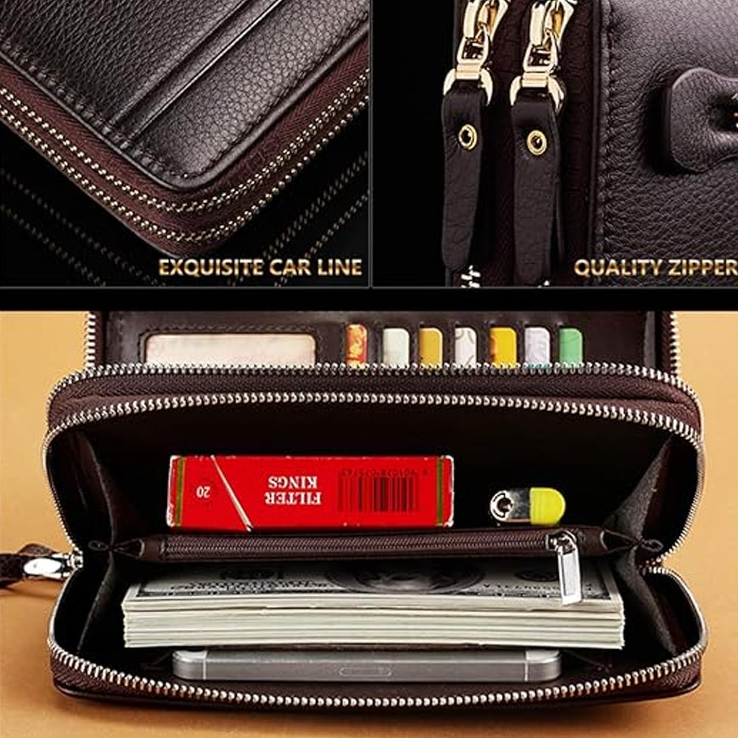 محفظة من إكسيفور من الجلد الطبيعي للرجال، بتصميم أعمال باللون الأسود، مع حجب RFID و سحاب دائري و أقسام متعددة - الصورة 4