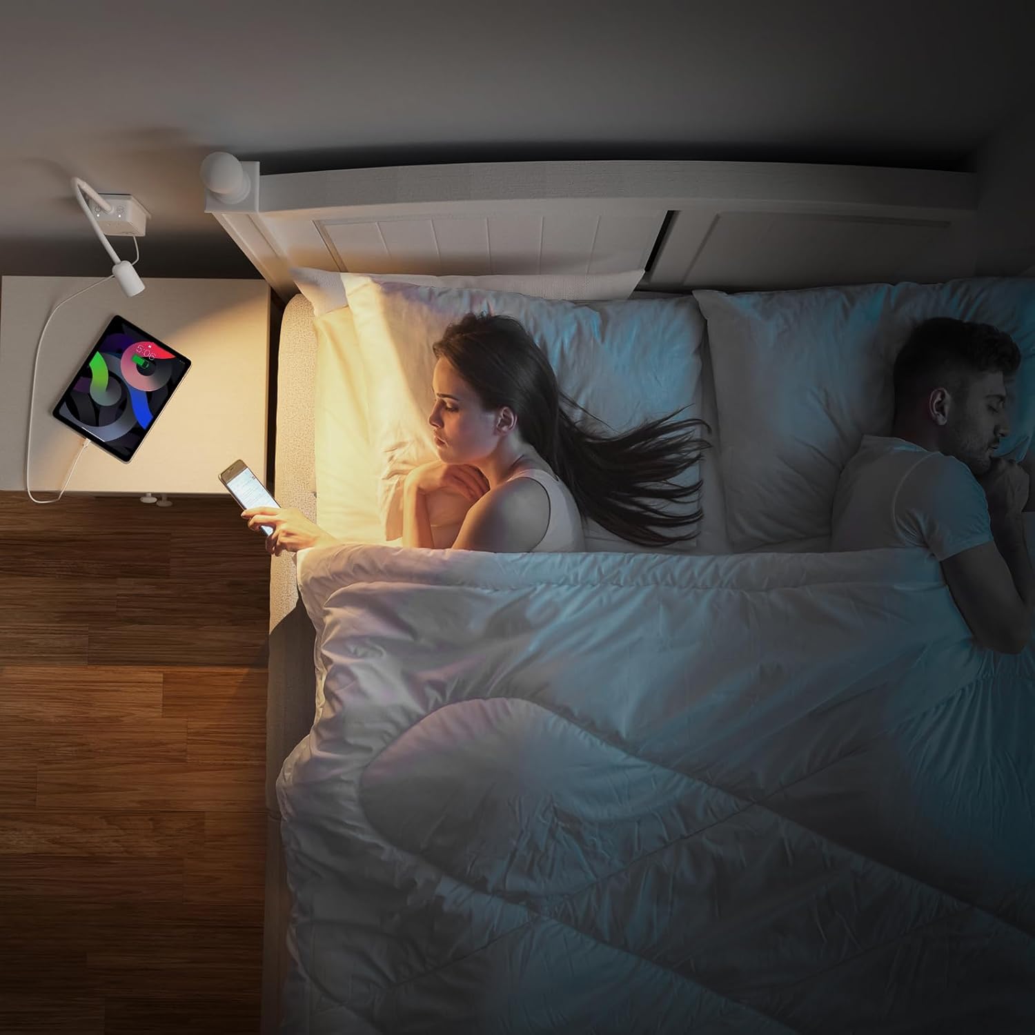 Plug in LED Spot Wall Lamps for Reading, 2 Pack White Flexible LED Book Reading Lights with Power Plug and Outlet Extender for Kitchen Bedroom, 3 Color Temperature, USB Charging Ports