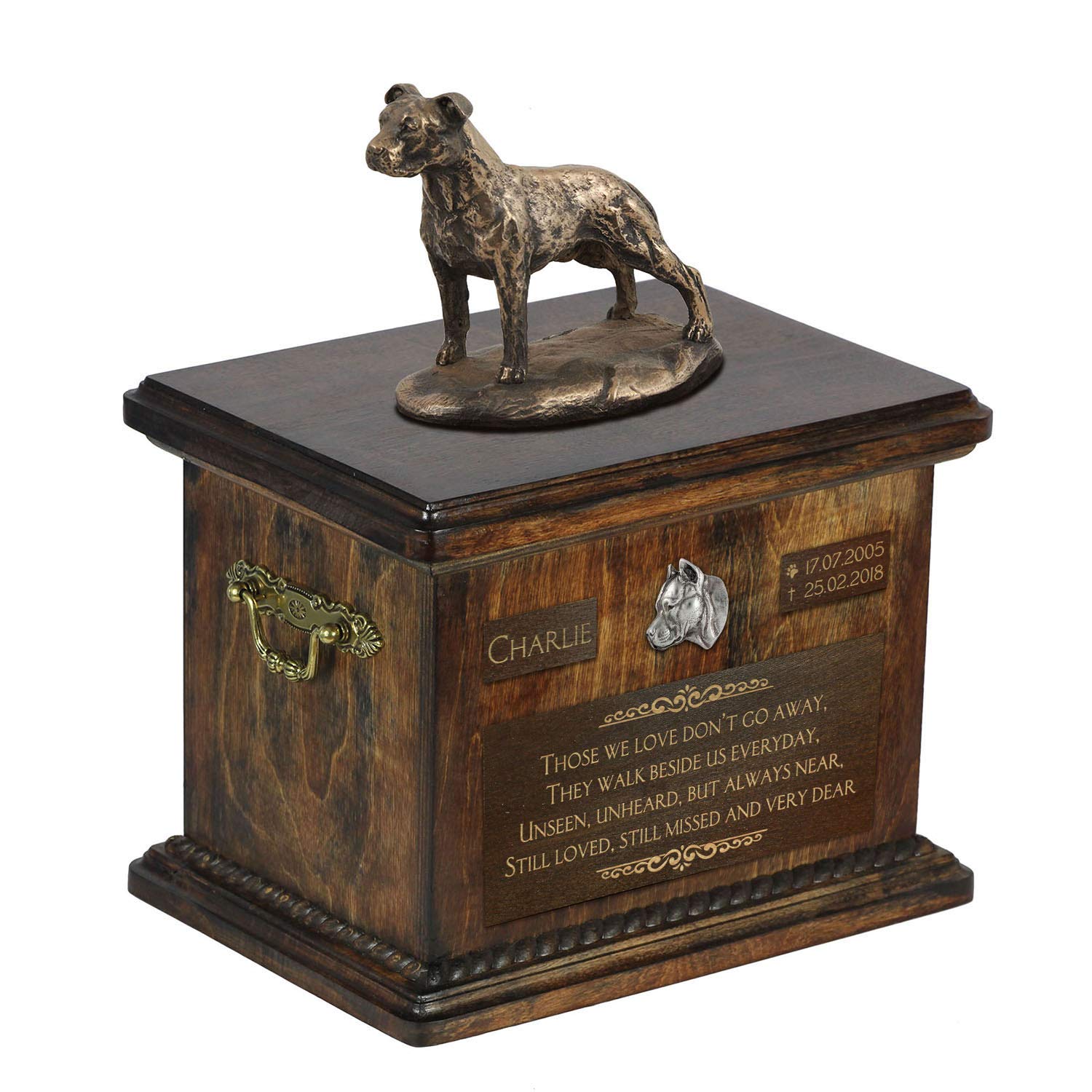 Urne funéraire chien American Staffordshire Terrier bronze et bouleau 5L