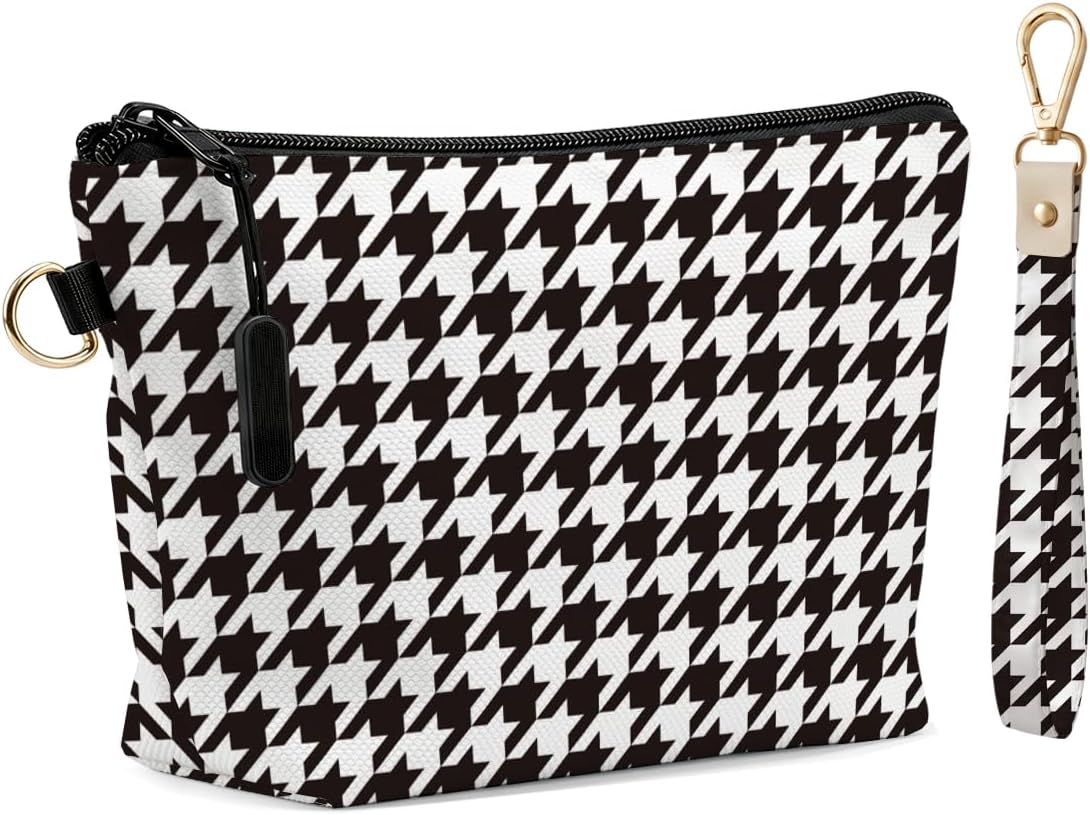 Fokongna Makeup Bag with Keychain Wristlet, Classic Houndstooth