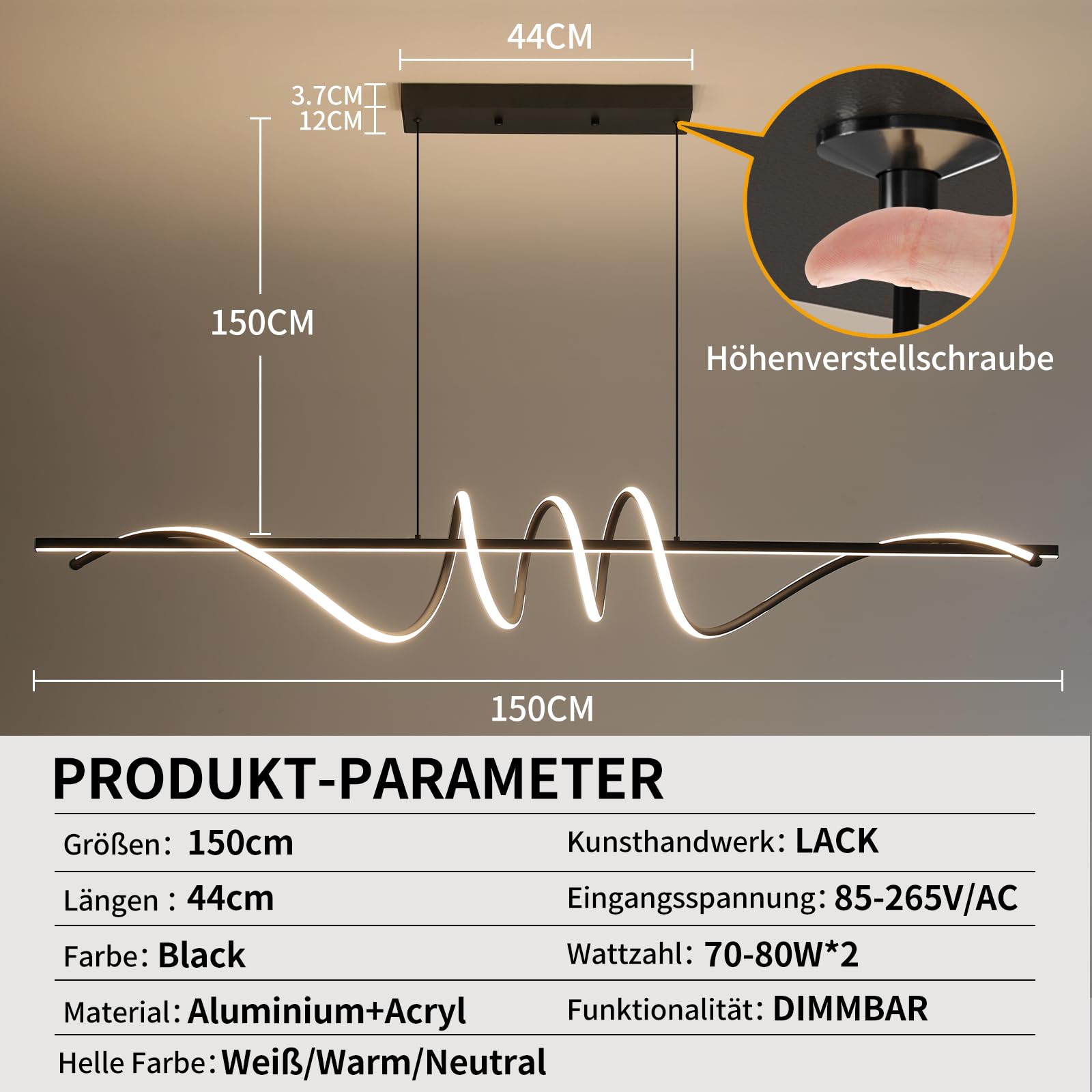 Mikeru Lampada a Sospensione Moderna a LED, 150cm Spirale Lampadario con Funzione Memoria Colore Nero Dimmerabile 10-100% 3000k/4500k/6000k Lampadario LED Soffitto Moderno per Cucin, Soggiorno