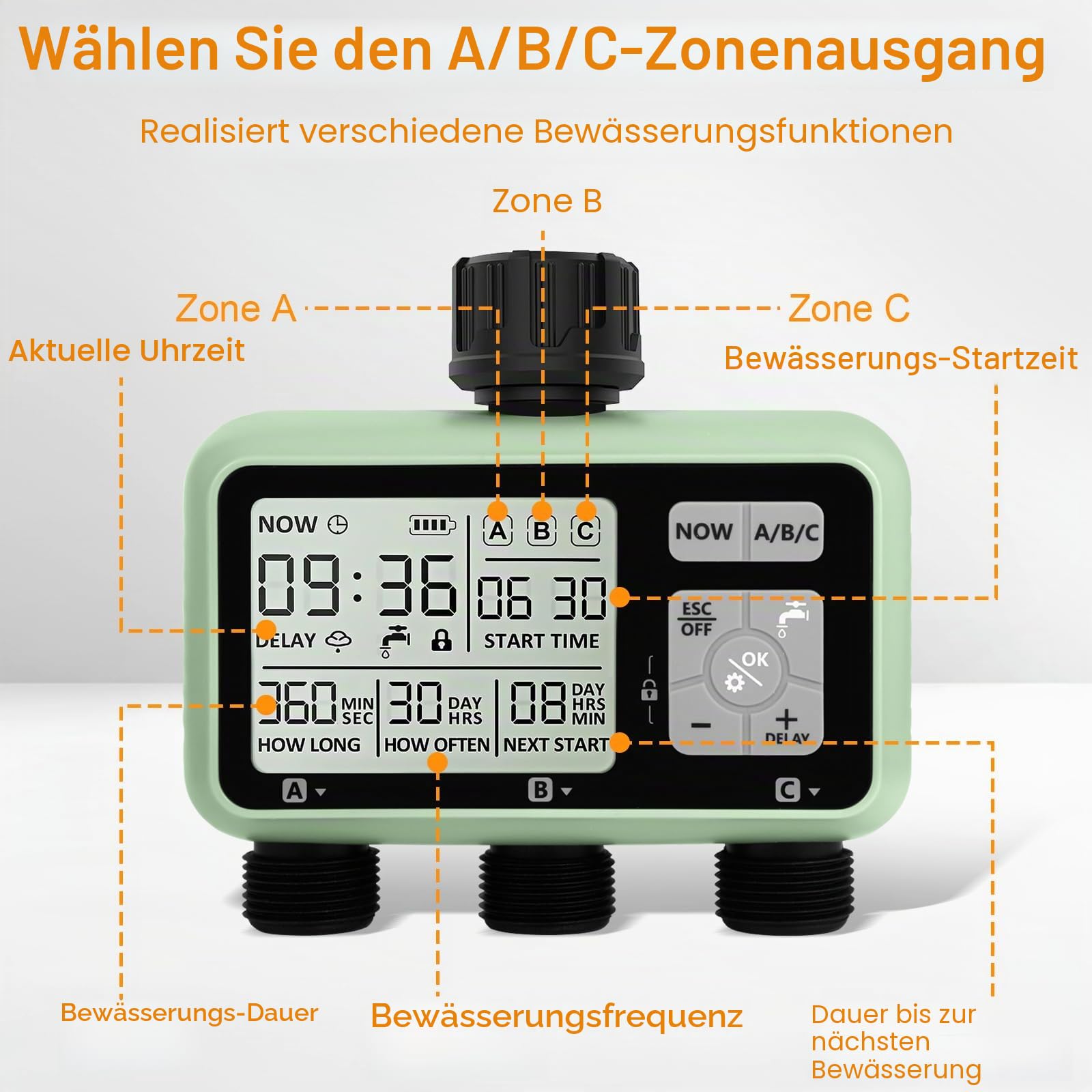 Automatischer Bewässerungstimer, Gartenbewässerungstimer mit LCD Display, 3 Strecken Wasserhahn Timer anschließen, Kindersicherungsmodus, Verzögerte Bewässerung Nach Regen, IPX5 Wasserdicht