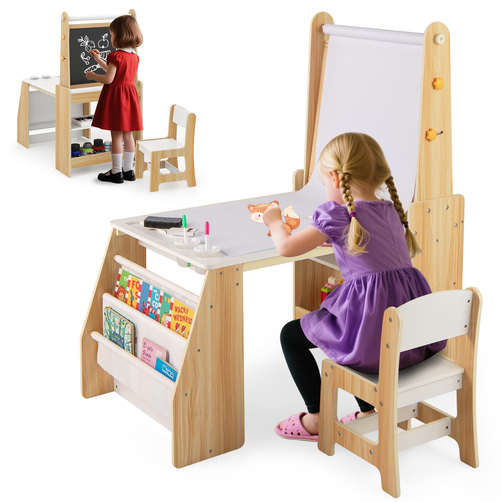 COSTWAY Table Enfant avec Chaise & Tableau Noir & Tableau Blanc, Table à Dessin avec 2 Étagères Ouvertes & Bibliothèque, Rouleau de Papier, Bureau Enfant avec Rangement, Chevalet pour 3 Ans+ (Naturel)