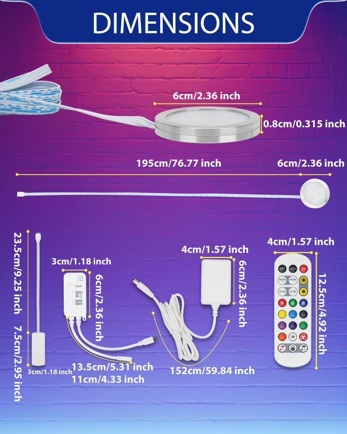 Zestaw oświetlenia podszafkowego, inteligentne oświetlenie LED RGB z pilotem zdalnego sterowania, sterowanie za pomocą aplikacji, synchronizacja muzyki, tryby scen, oświetlenie LED ze zmianą kolorów