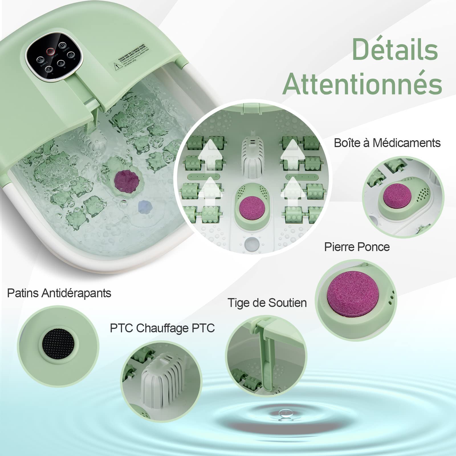 GOPLUS Bain de Pied Massant Chauffant Spa avec 16 Rouleaux Massage, Bain de Pieds Électrique Pliable avec Bulle, Pierre Ponce Shiatsu, Température Réglable 41-45℃, Télécommande, Minuterie (Vert Clair)