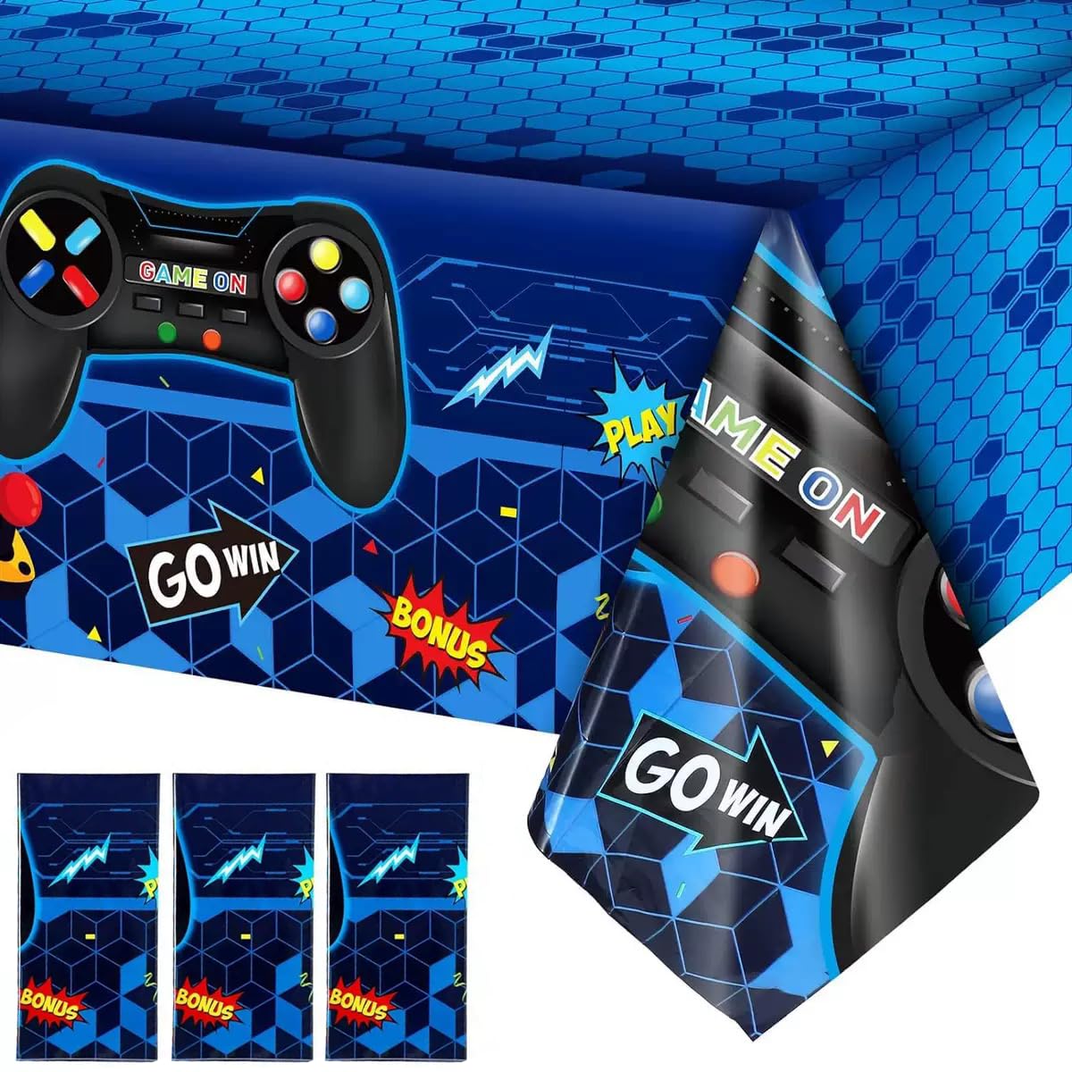 Blzzjttt 3PCS Video Game Table Cover, 54 x 108 Inch Blue Game Theme Birthday Decoration Plastic Table Cloth Party Supplies for Boy Kids Player Geek