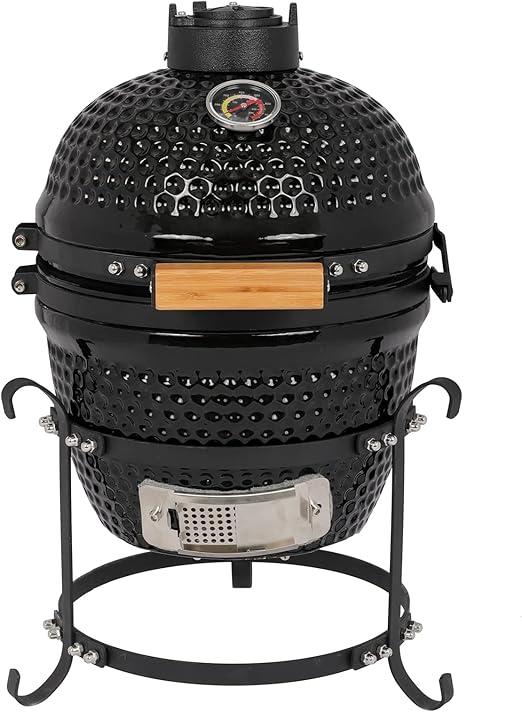 Portable Ceramic Charcoal Grill,13 Inch Outdoor BBQ Egg Grills with Built-in Thermometer, Multifunctional Ceramic Barbecue Grill, Egg Outdoor Kitchen Style (Black)