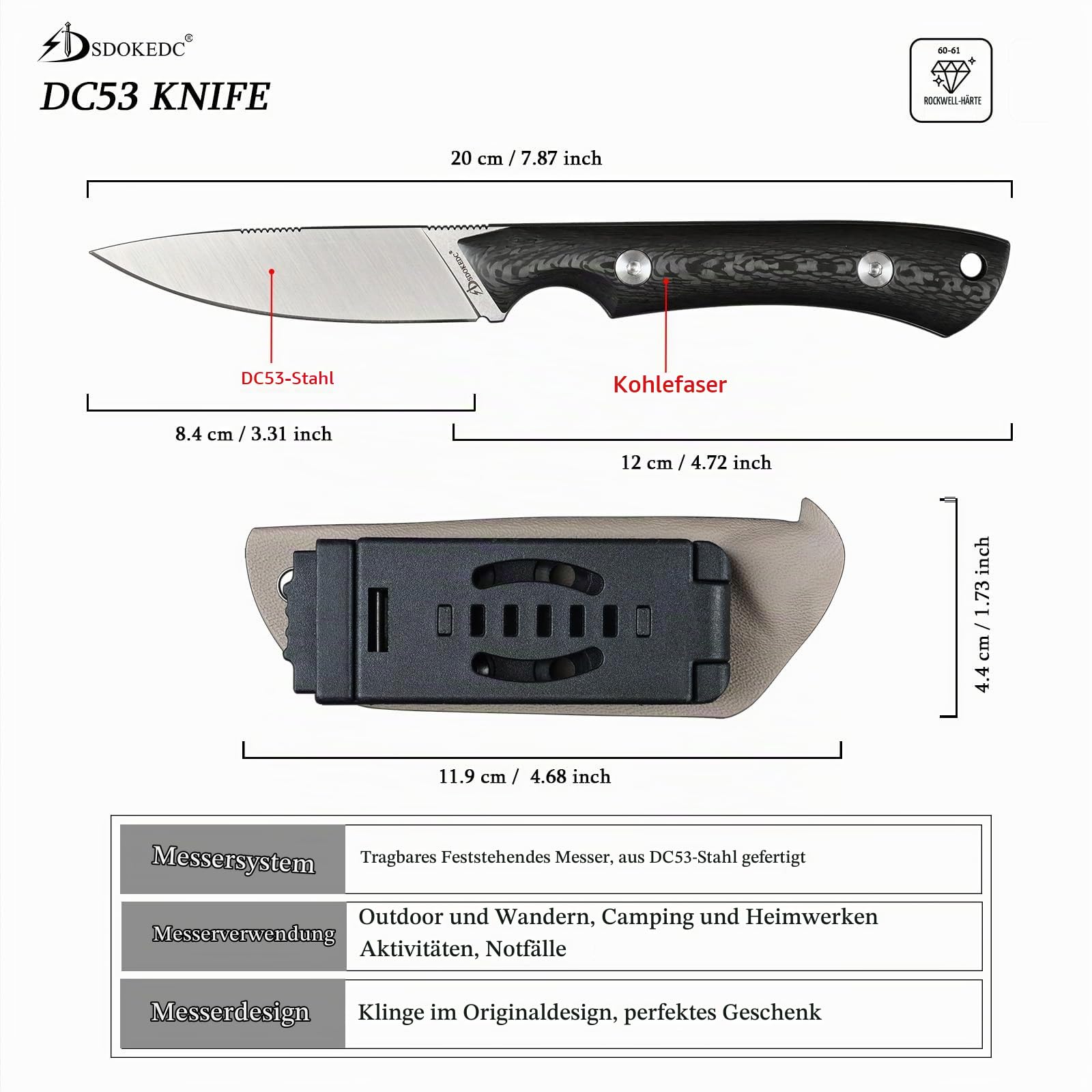 DC53 Stahl messer Feststehende Klinge mit Kydex Scheide Jagdmesser für Männer EDC Outdoor Camping Survival (weiß Kohlefaser Griff)