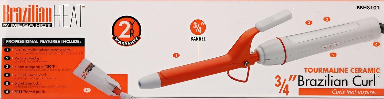 Brazilian Heat BBH3101 Brazilian Heat Tourmaline Ceramic Spring Curling Iron, 0.75 Inch