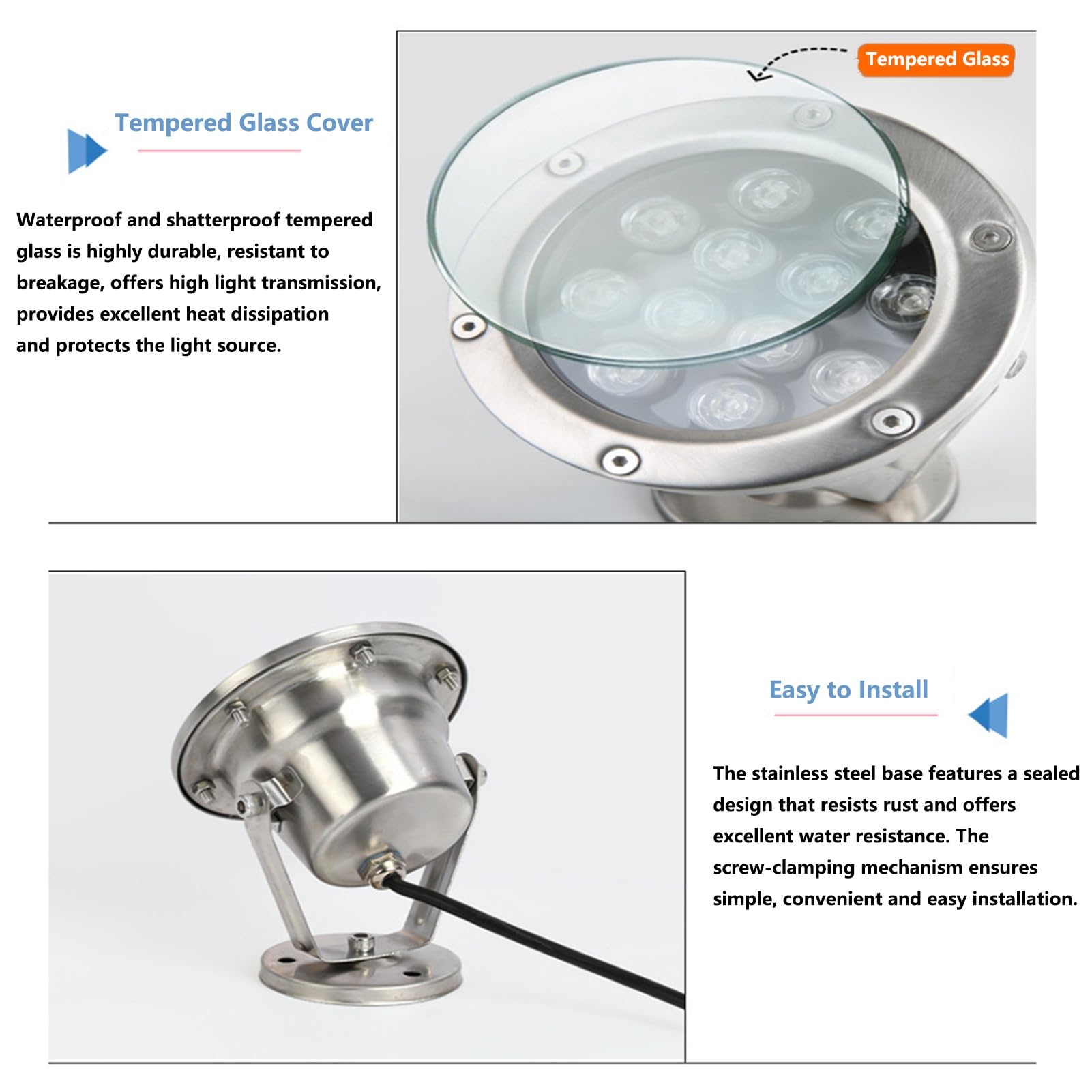 Faretto Subacqueo per Stagno IP68 Illuminazione per Fontana A LED Impermeabile Subacquea in Acciaio Inossidabile 12V per Piscina