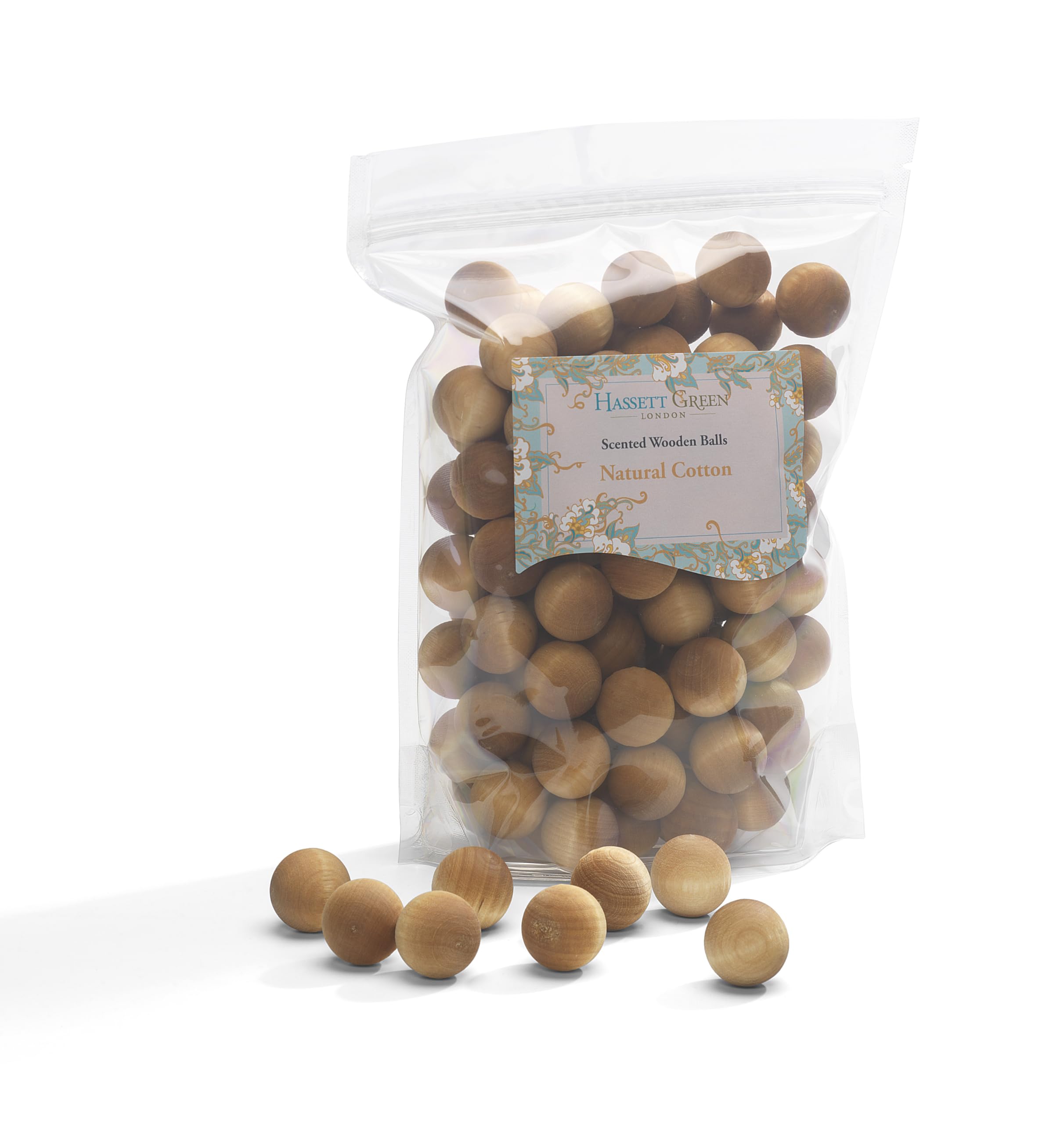Hassett Green London - Natural Cotton - Scented Wooden Balls Pack of 100 - Alternative to Pot Pourri, Diffusers, Sachets and Drawer Liners