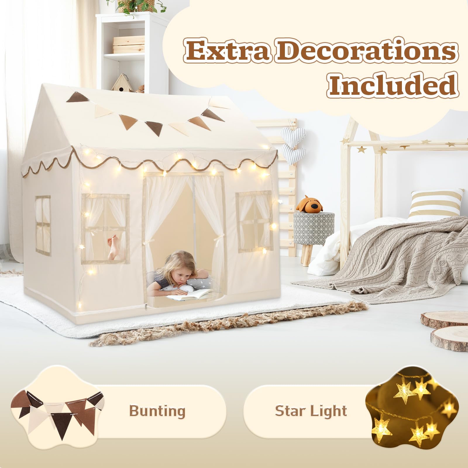 Tienda de campaña para niños, casa de juegos grande con cuerda de estrella, bandera, lavable a máquina, tienda de campaña para interiores y exteriores para niños, niñas y niños de 3 años en 2