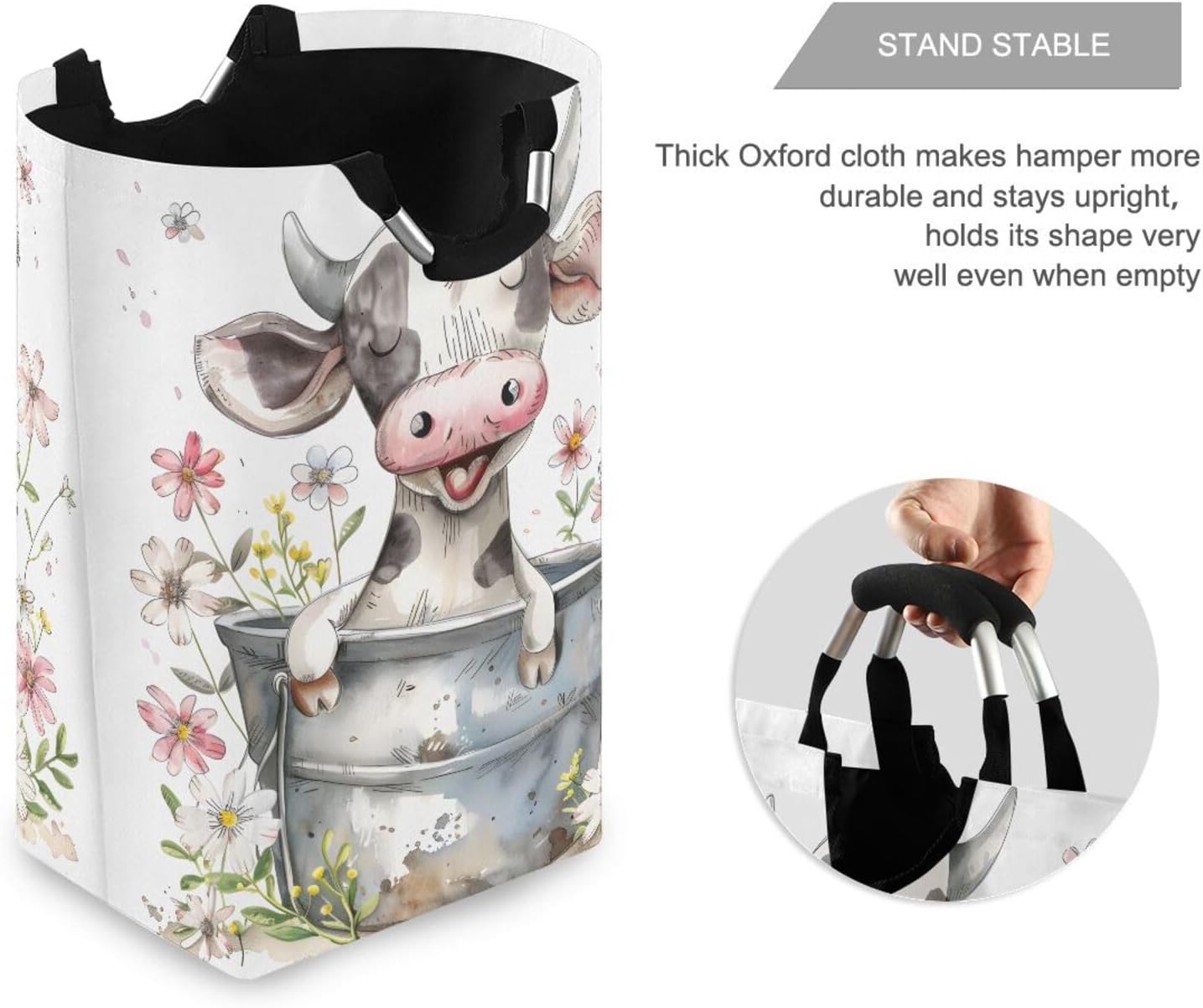 ALAZA Cute Baby Cow Daisy Large Laundry Hamper Basket Laundry Bag Stylish Collapsible Oxford Cloth Home Storage Bin with Handles, 22.7 Inch image 4