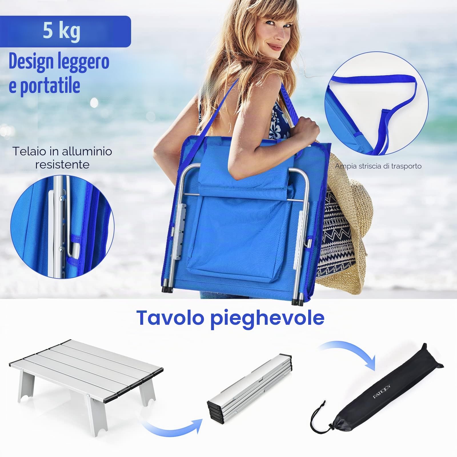 GIANTEX Set di 2 Materassi da Spiaggia Pieghevoli e Tavolino, Sedie a Sdraio da Spiaggia Regolabili in 5 Posizioni con Poggiatesta Rimovibile, Tasca per Giardino, Campeggio (Blu)