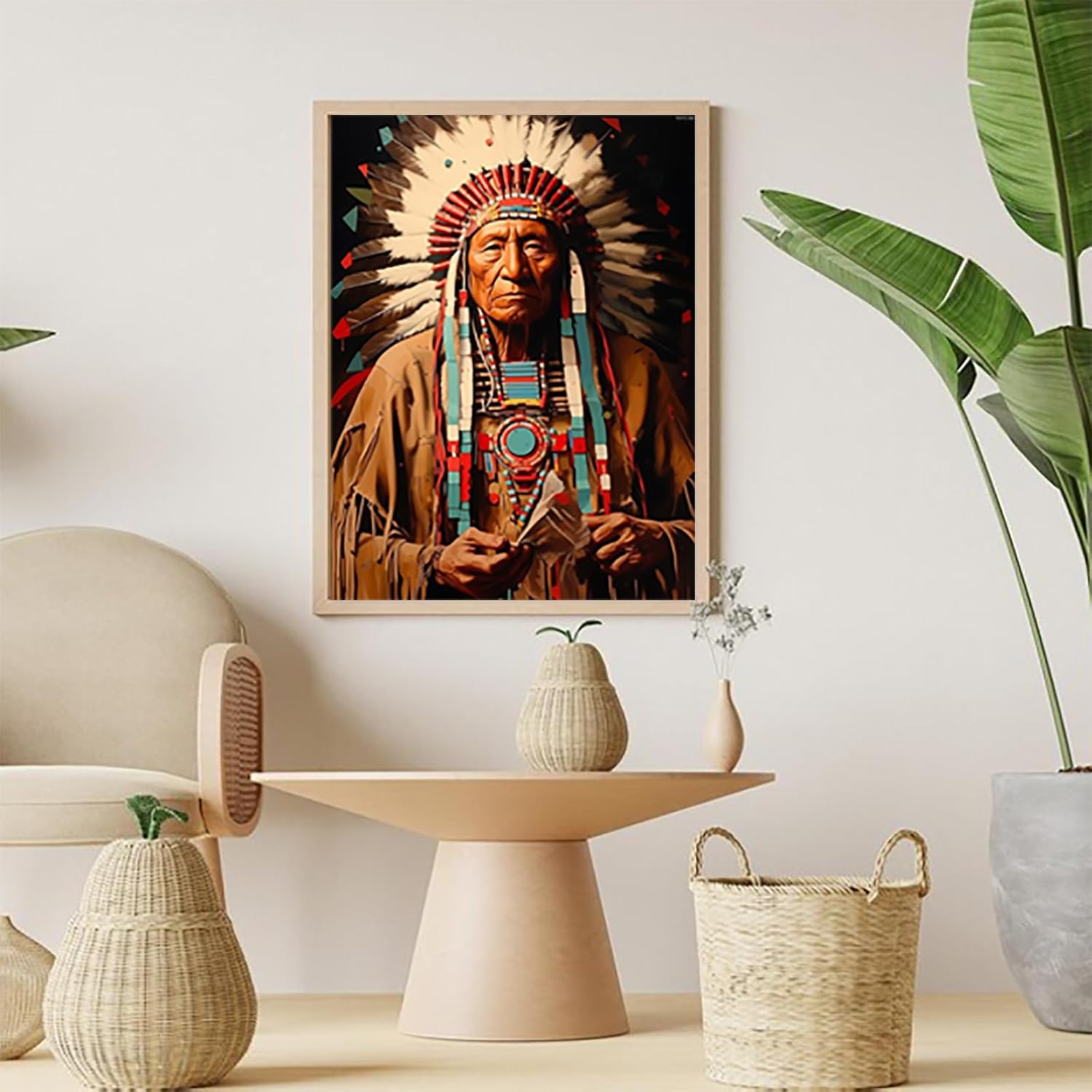 KAYEIUU American Indian Diamond Painting Indian Tribal Chief Diamond Art Kits for Adults, Full Round Gemstone Stitch Kit, for Wall Decor 12x16 inch