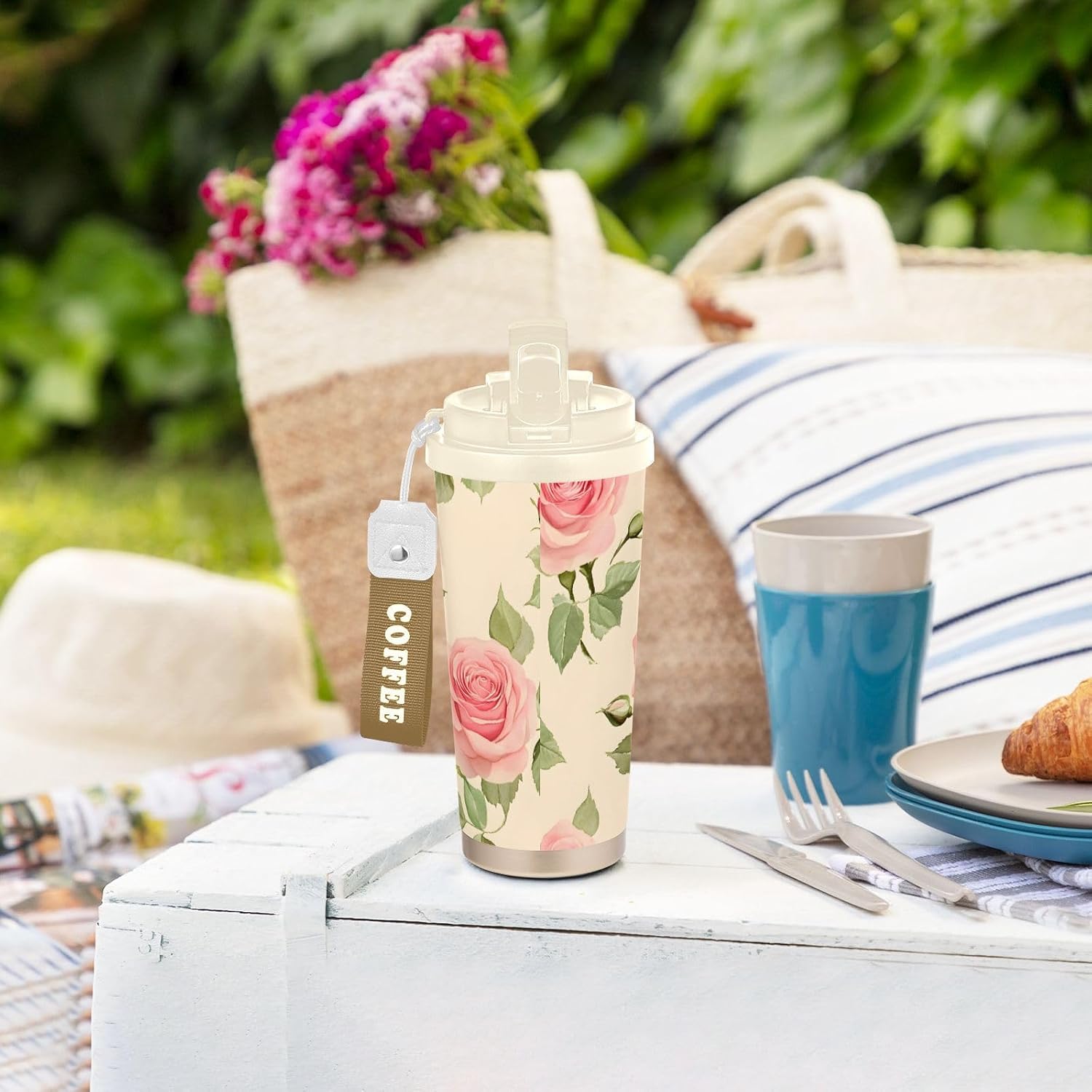 Insulated Coffee Mug Rose Leaf Art with Straw & Flip Lid, 16.9oz Iced Tumbler Cup, Double Wall Vacuum Mug for Travel Office Camping
