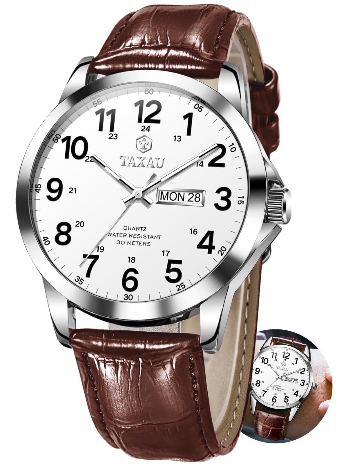 Taxau Uhren Herren Klassischus Lederarmband Wasserdicht Großes Zifferblatt